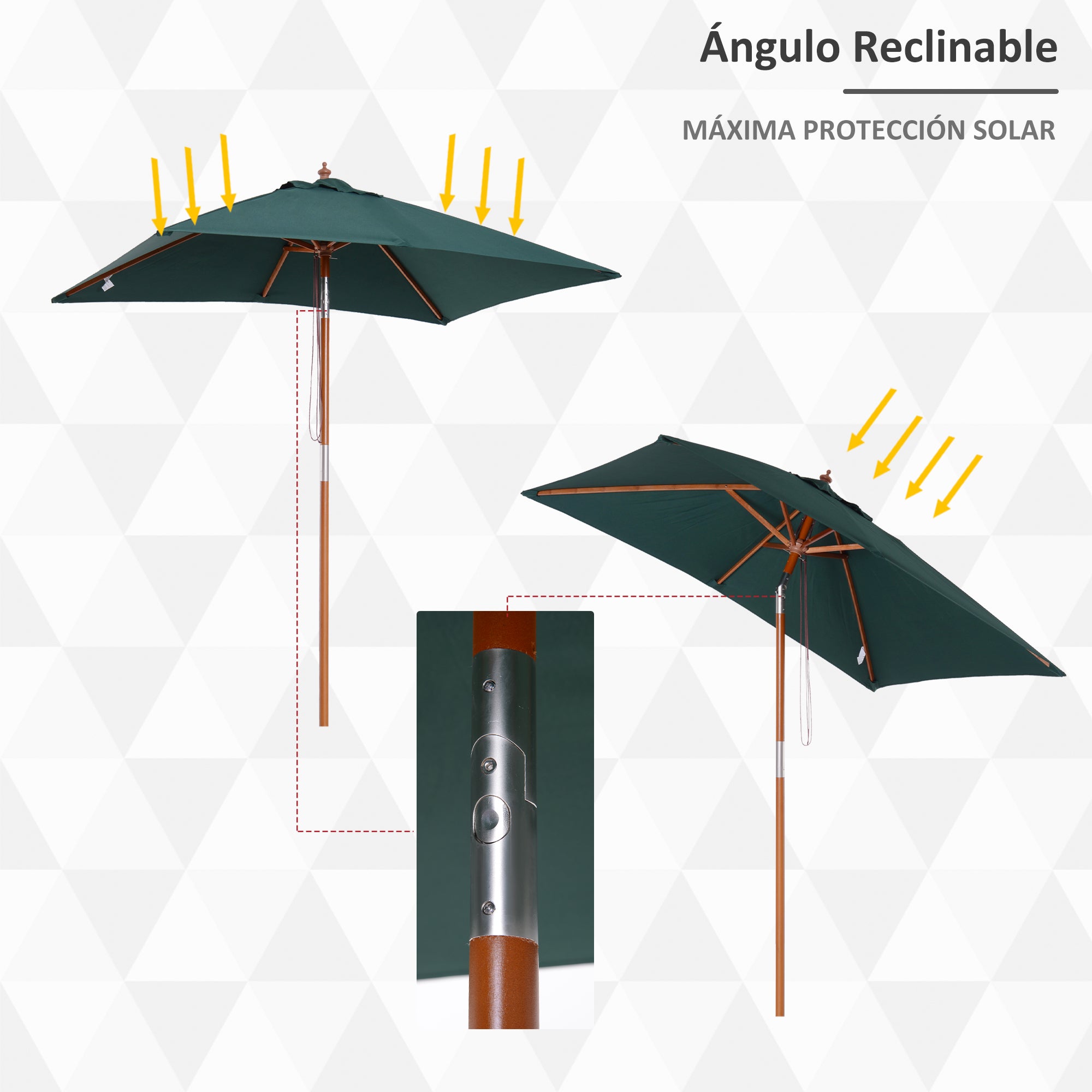 Garden Umbrella 200x150 cm Rectangular Patio Umbrella with Adjustable Angle Wooden Pole and Crank Parasol for Patio Terrace Green