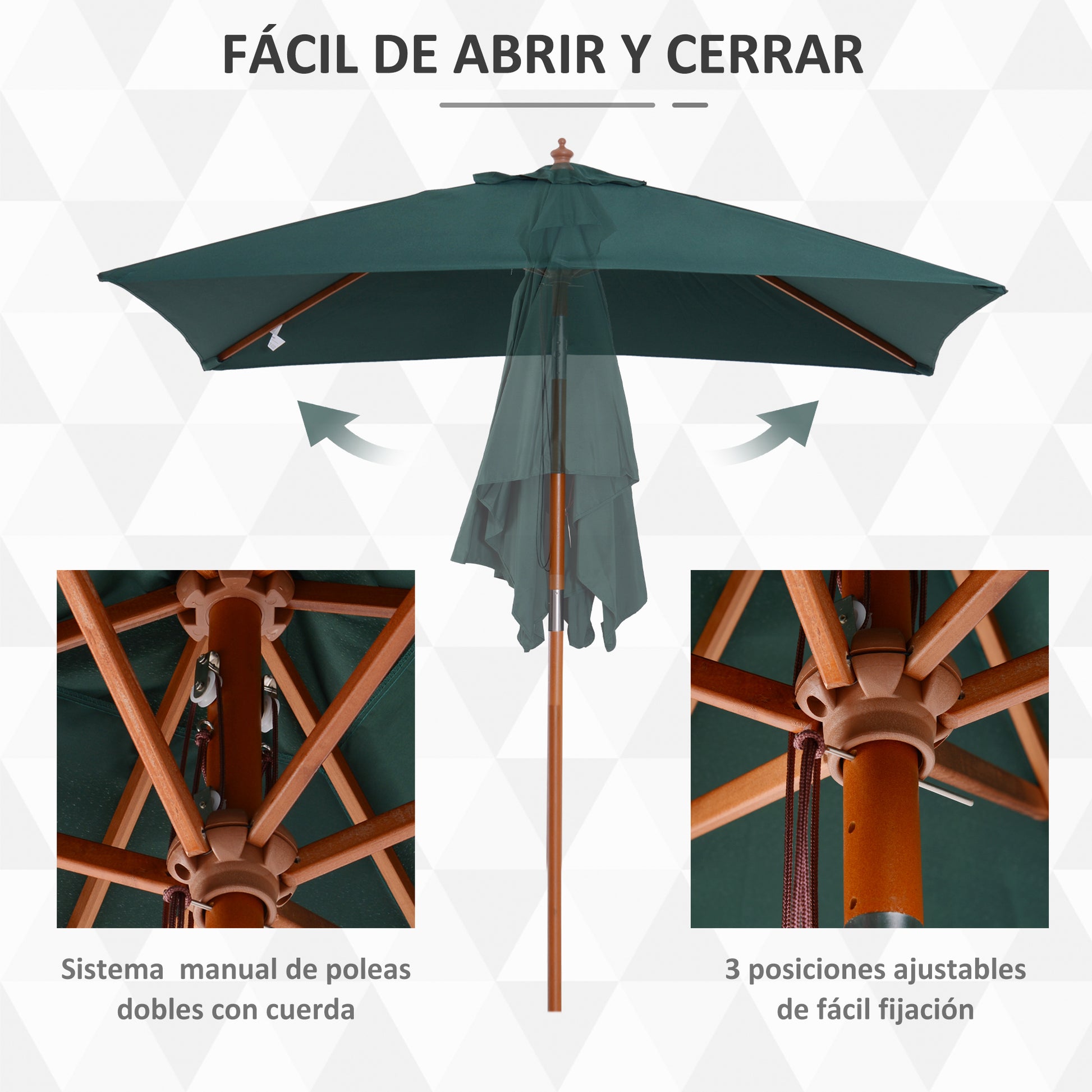 Garden Umbrella 200x150 cm Rectangular Patio Umbrella with Adjustable Angle Wooden Pole and Crank Parasol for Patio Terrace Green
