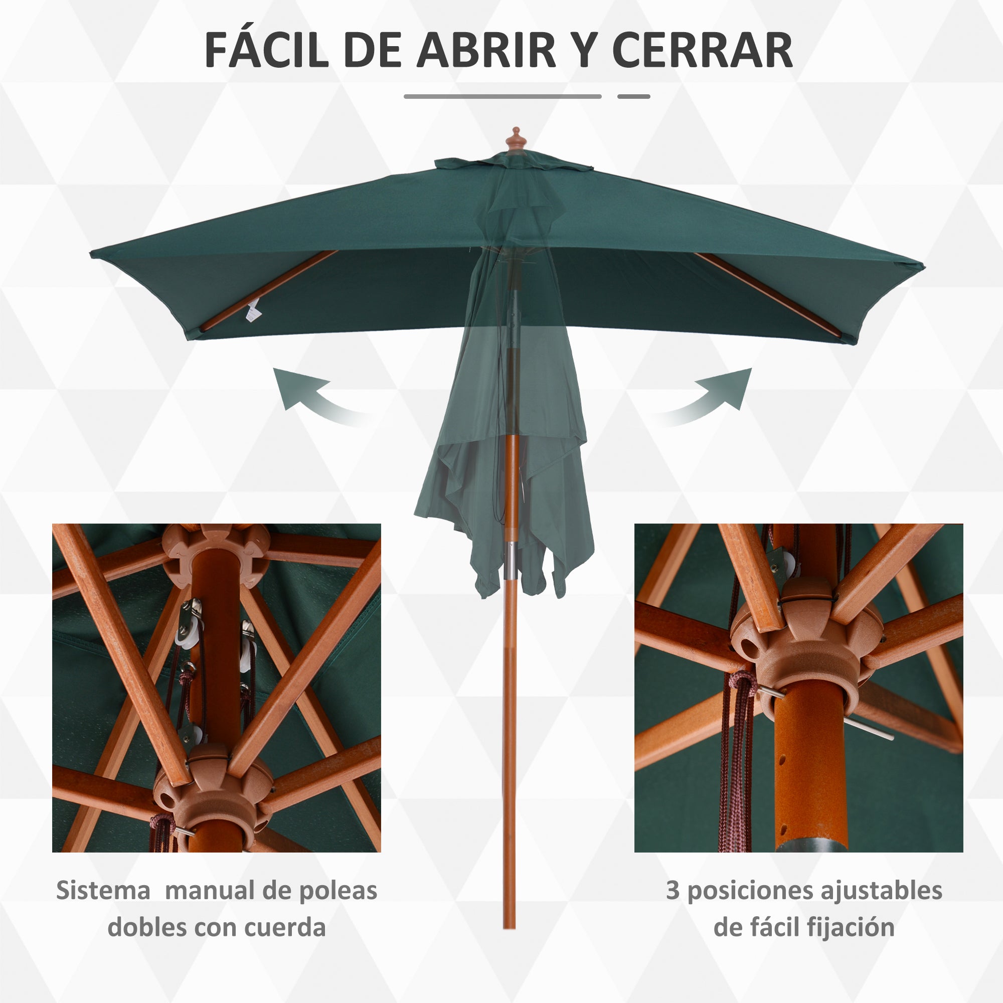 Garden Umbrella 200x150 cm Rectangular Patio Umbrella with Adjustable Angle Wooden Pole and Crank Parasol for Patio Terrace Green
