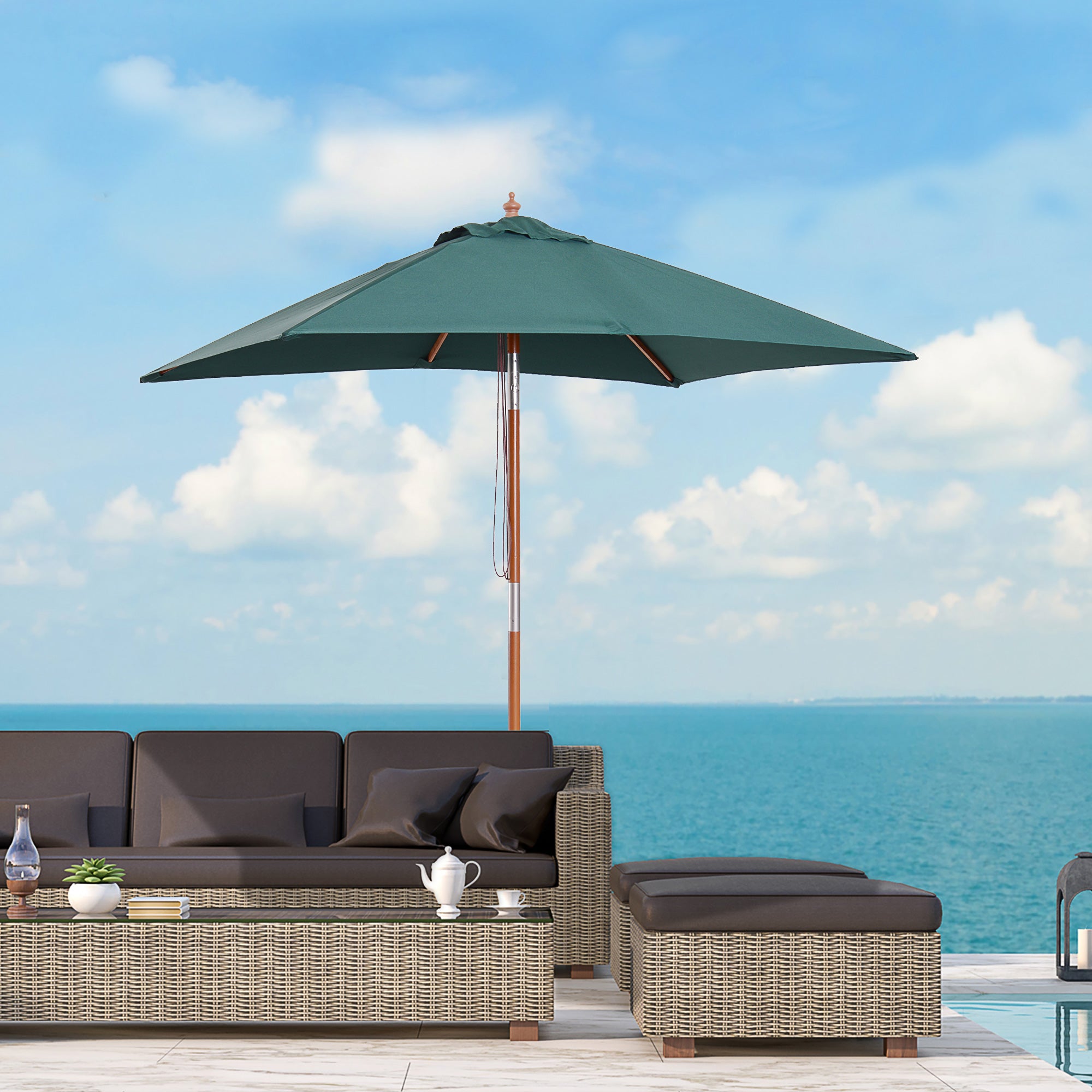 Garden Umbrella 200x150 cm Rectangular Patio Umbrella with Adjustable Angle Wooden Pole and Crank Parasol for Patio Terrace Green