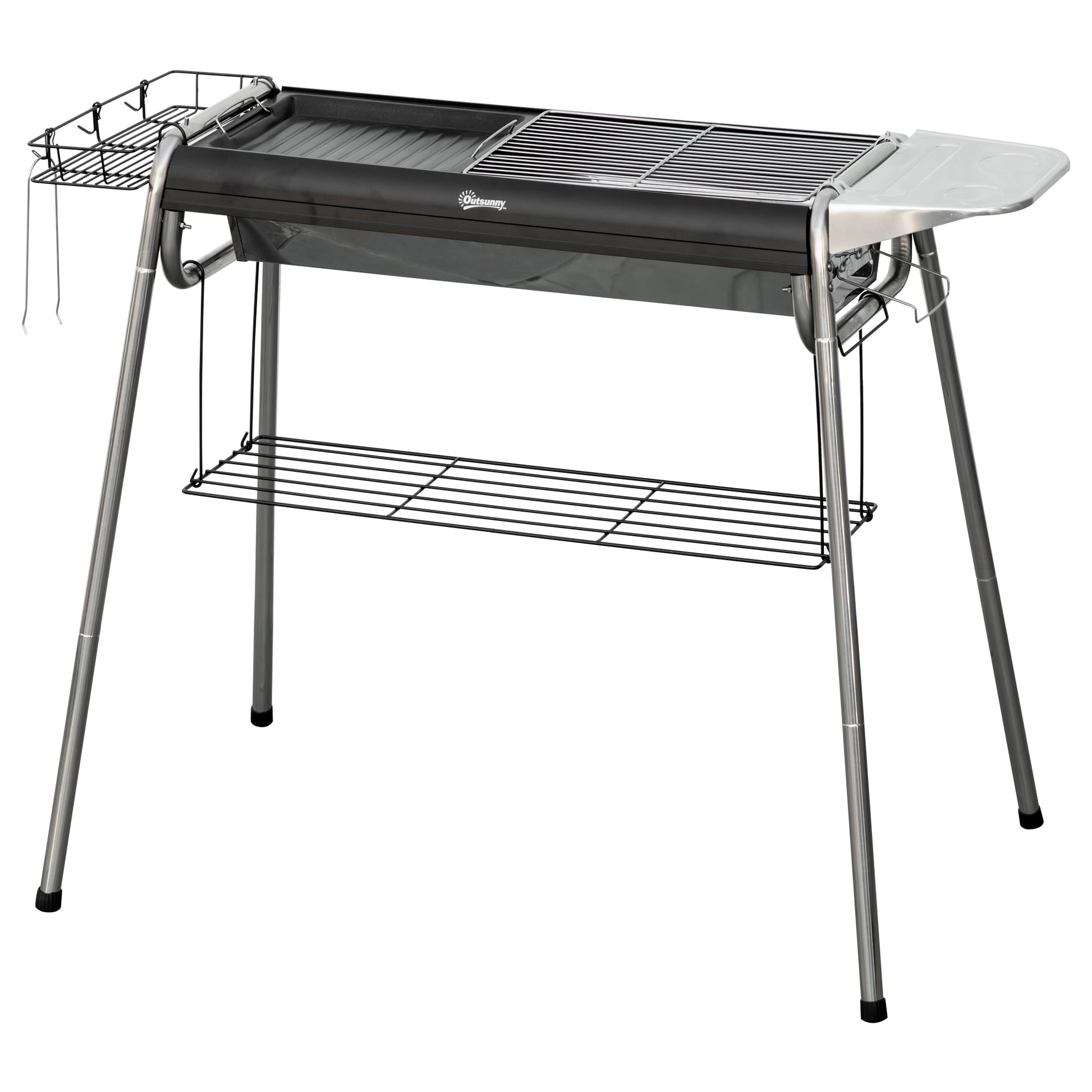 Charcoal BBQ Portable Barbecue with Stainless Steel Grill Spice Tray and Storage Shelf for Garden Camping 96x61x72 cm Black