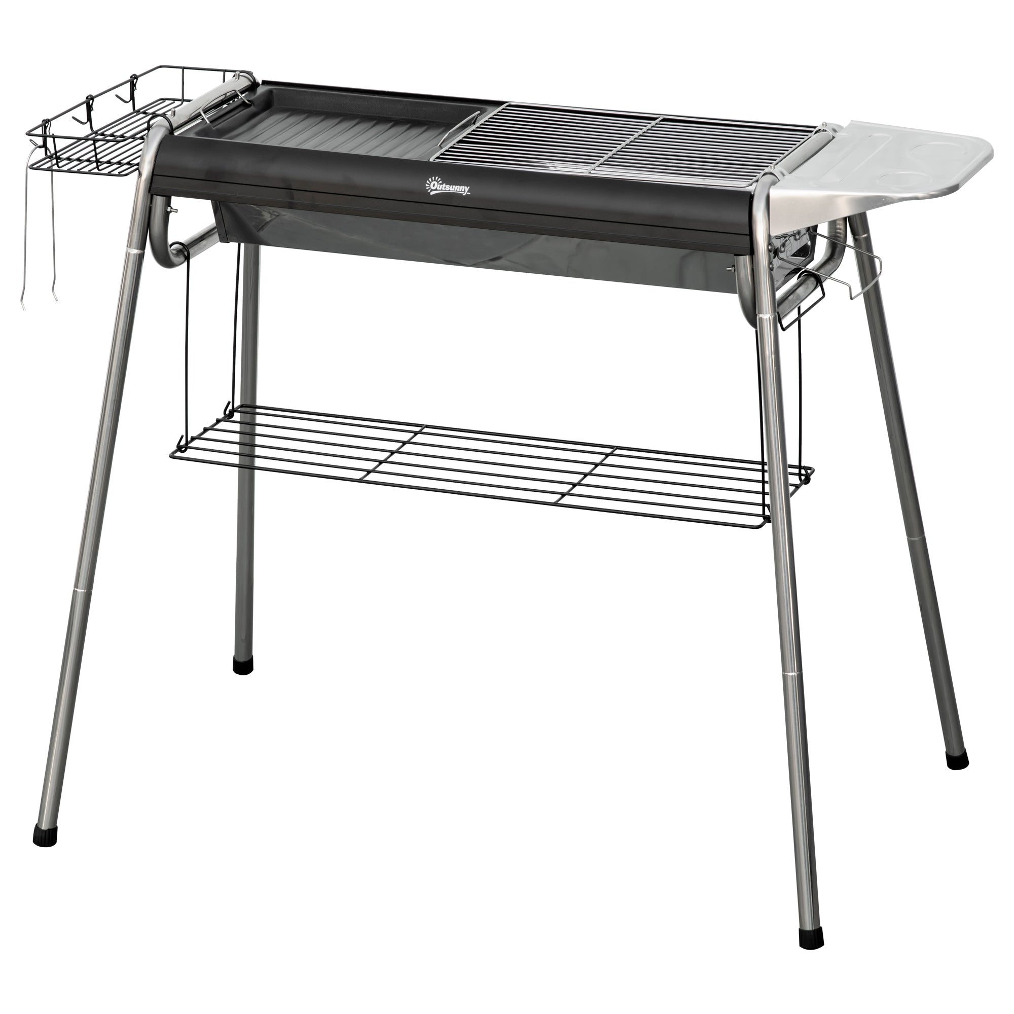 Charcoal BBQ Portable Barbecue with Stainless Steel Grill Spice Tray and Storage Shelf for Garden Camping 96x61x72 cm Black