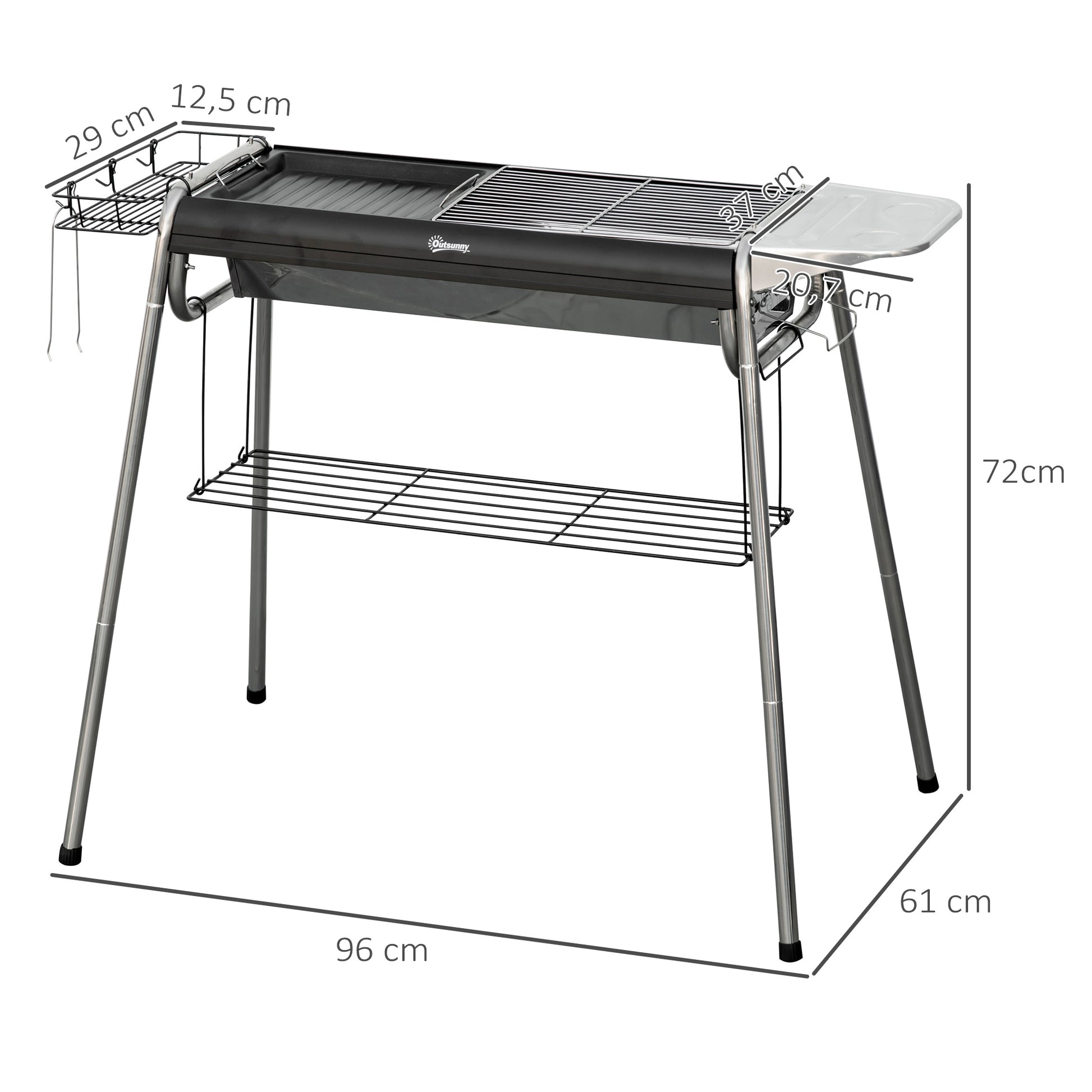 Charcoal BBQ Portable Barbecue with Stainless Steel Grill Spice Tray and Storage Shelf for Garden Camping 96x61x72 cm Black