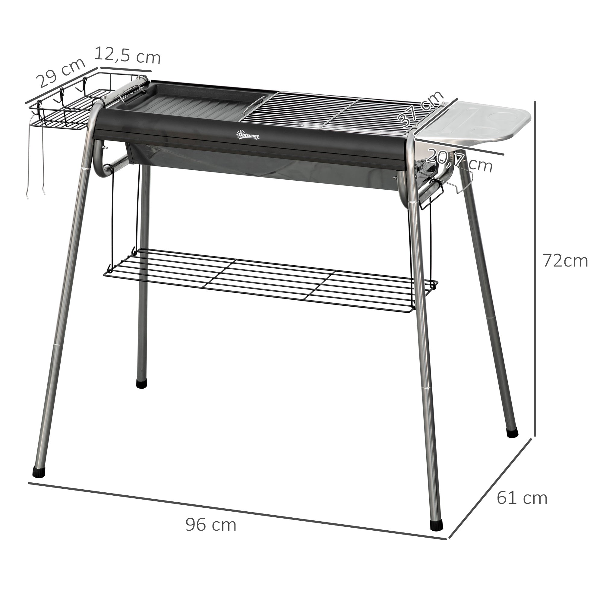 Charcoal BBQ Portable Barbecue with Stainless Steel Grill Spice Tray and Storage Shelf for Garden Camping 96x61x72 cm Black