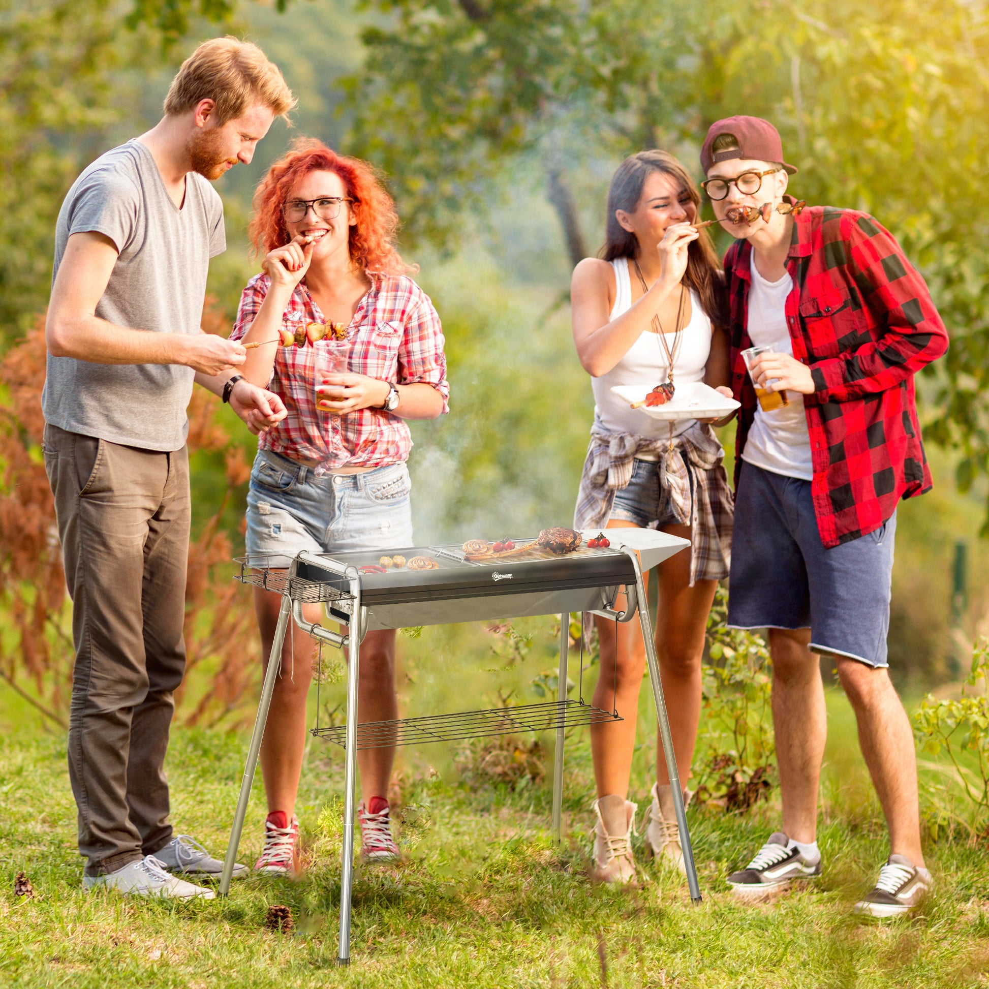 Charcoal BBQ Portable Barbecue with Stainless Steel Grill Spice Tray and Storage Shelf for Garden Camping 96x61x72 cm Black