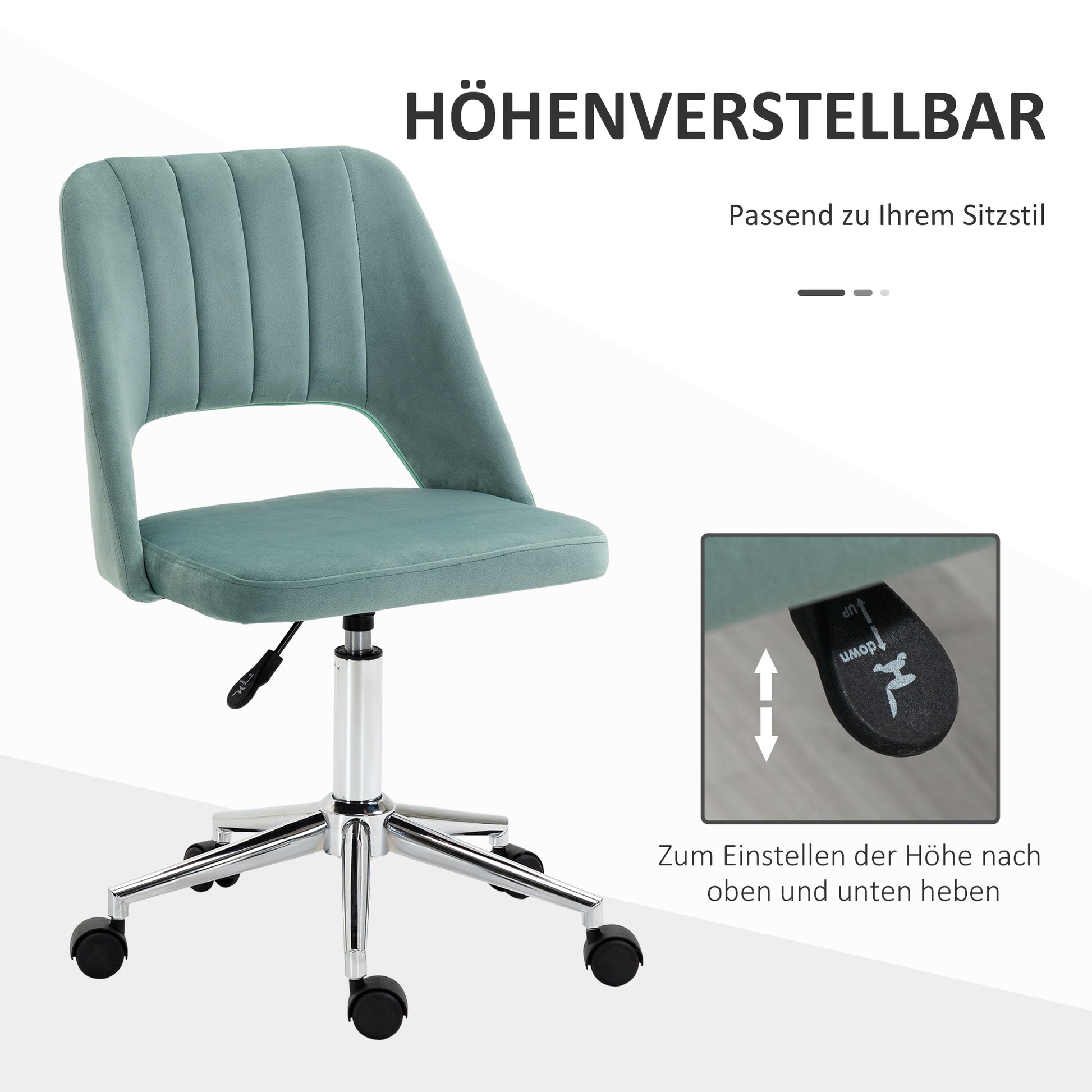Desk Chair, Height Adjustable Home Office Chair without Armrests, Swivel Office Chair with Velvet Look, Ergonomic Makeup Chair for Bedroom, Study Room, Green