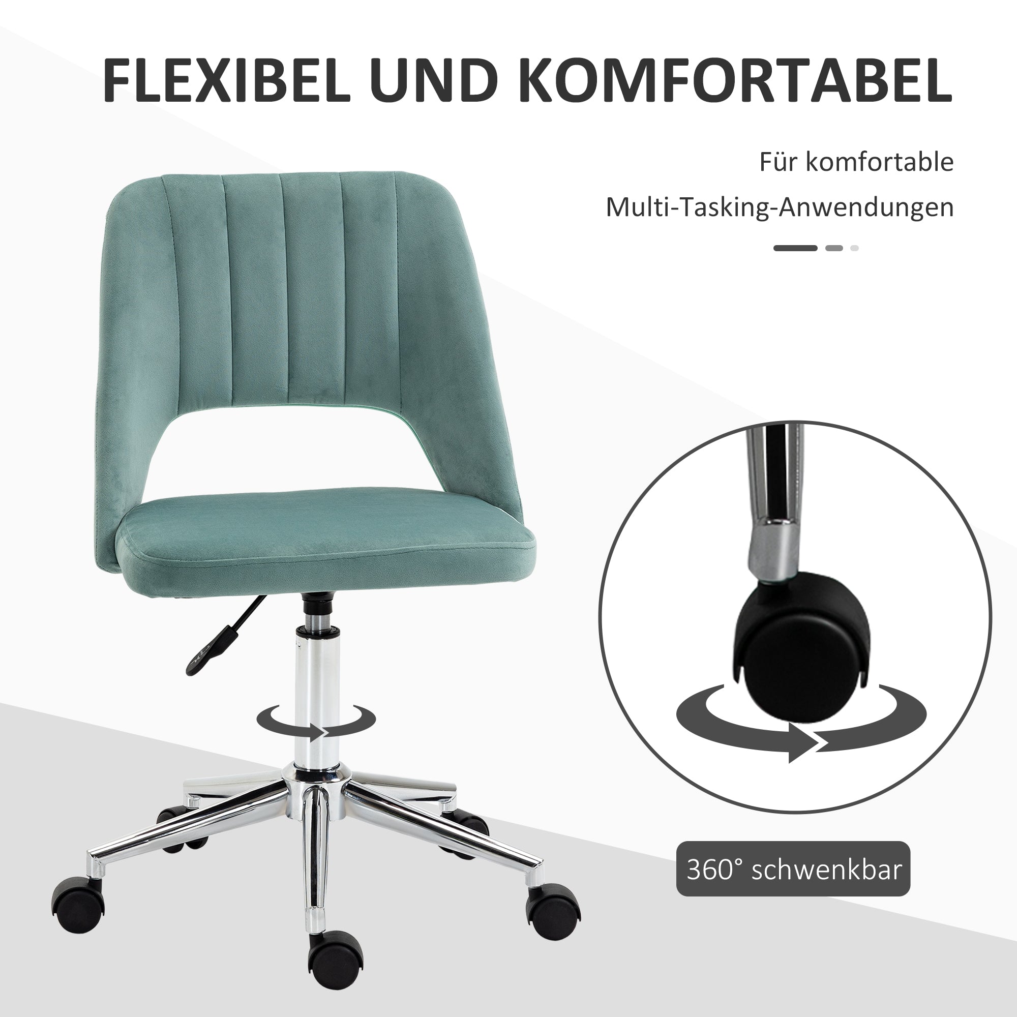 Desk Chair, Height Adjustable Home Office Chair without Armrests, Swivel Office Chair with Velvet Look, Ergonomic Makeup Chair for Bedroom, Study Room, Green
