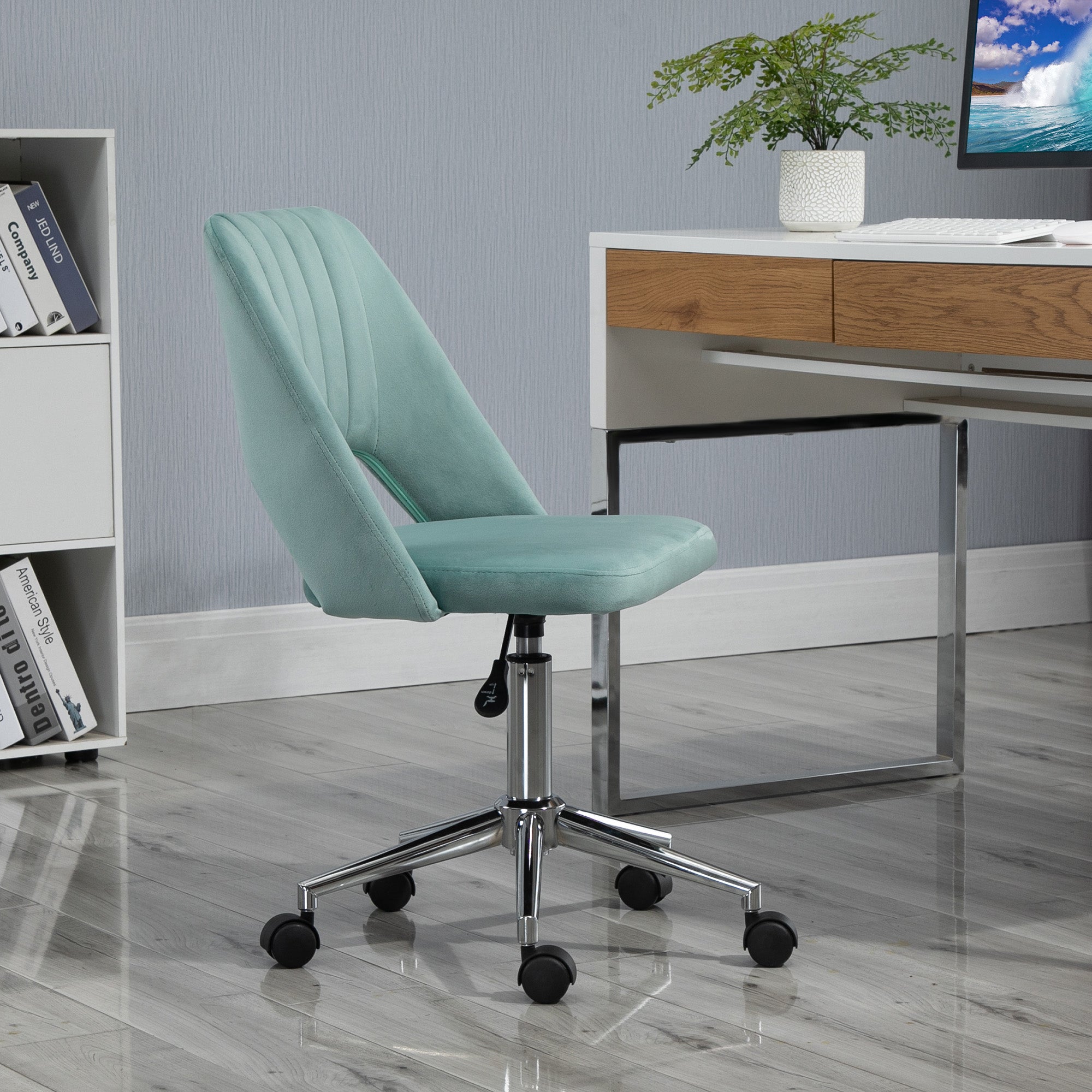 Desk Chair, Height Adjustable Home Office Chair without Armrests, Swivel Office Chair with Velvet Look, Ergonomic Makeup Chair for Bedroom, Study Room, Green