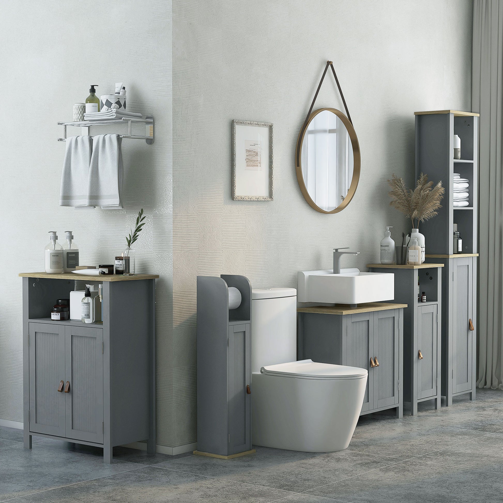 Under Sink Bathroom Cabinet, Bathroom Vanity Unit, 2 Doors, Adjustable Shelf, 2 Shelves Inside, PU Handles, 60 x 30 x 60 cm, Gray