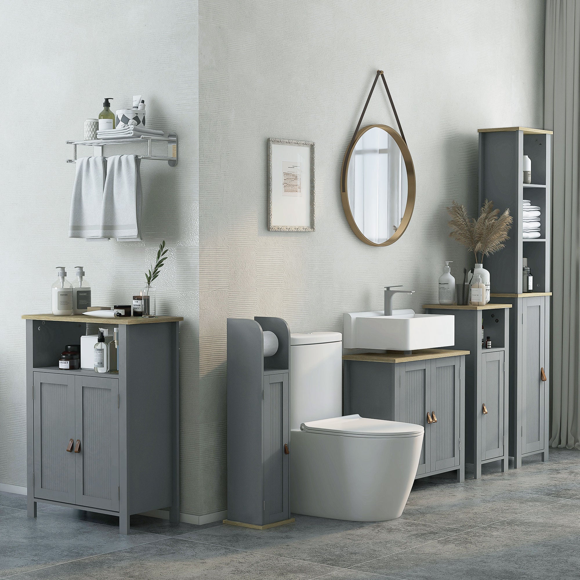 Under Sink Bathroom Cabinet, Bathroom Vanity Unit, 2 Doors, Adjustable Shelf, 2 Shelves Inside, PU Handles, 60 x 30 x 60 cm, Gray