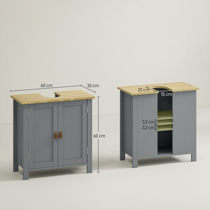 Under Sink Bathroom Cabinet, Bathroom Vanity Unit, 2 Doors, Adjustable Shelf, 2 Shelves Inside, PU Handles, 60 x 30 x 60 cm, Gray