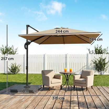 Offset Square Cantilever Umbrella 2.4 x 2.4 m (8' x 8') with Base & Weight Plates — Aluminum 360° Rotating Pedal Pole, UPF50+, 5-Position Tilt, Khaki