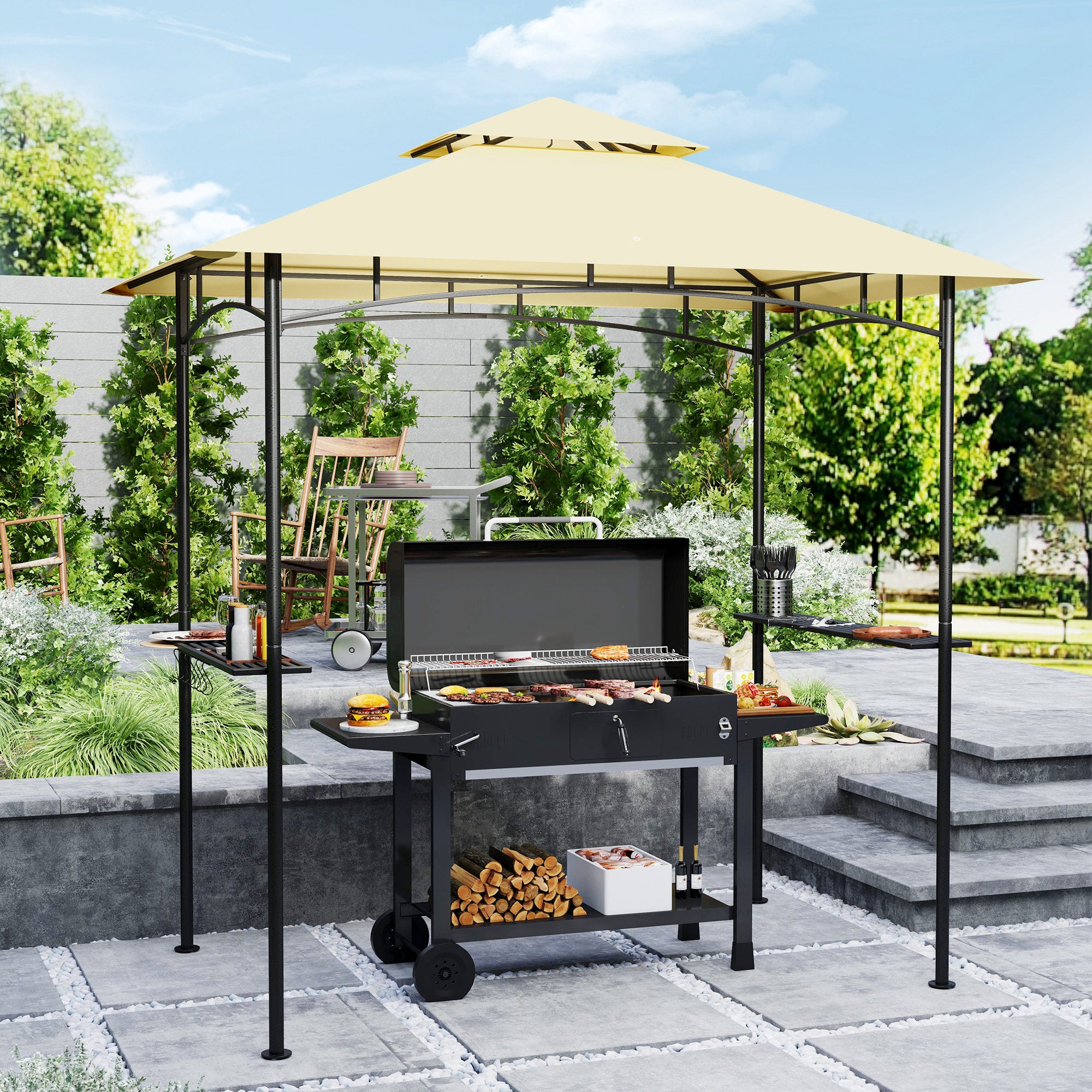 Grill Gazebo with LED 240 x 150 x 258 cm water-repellent flame-retardant garden arbor with double-layer roof, side shelves, pergola with UV protection, BBQ gazebo for party BBQ Beige