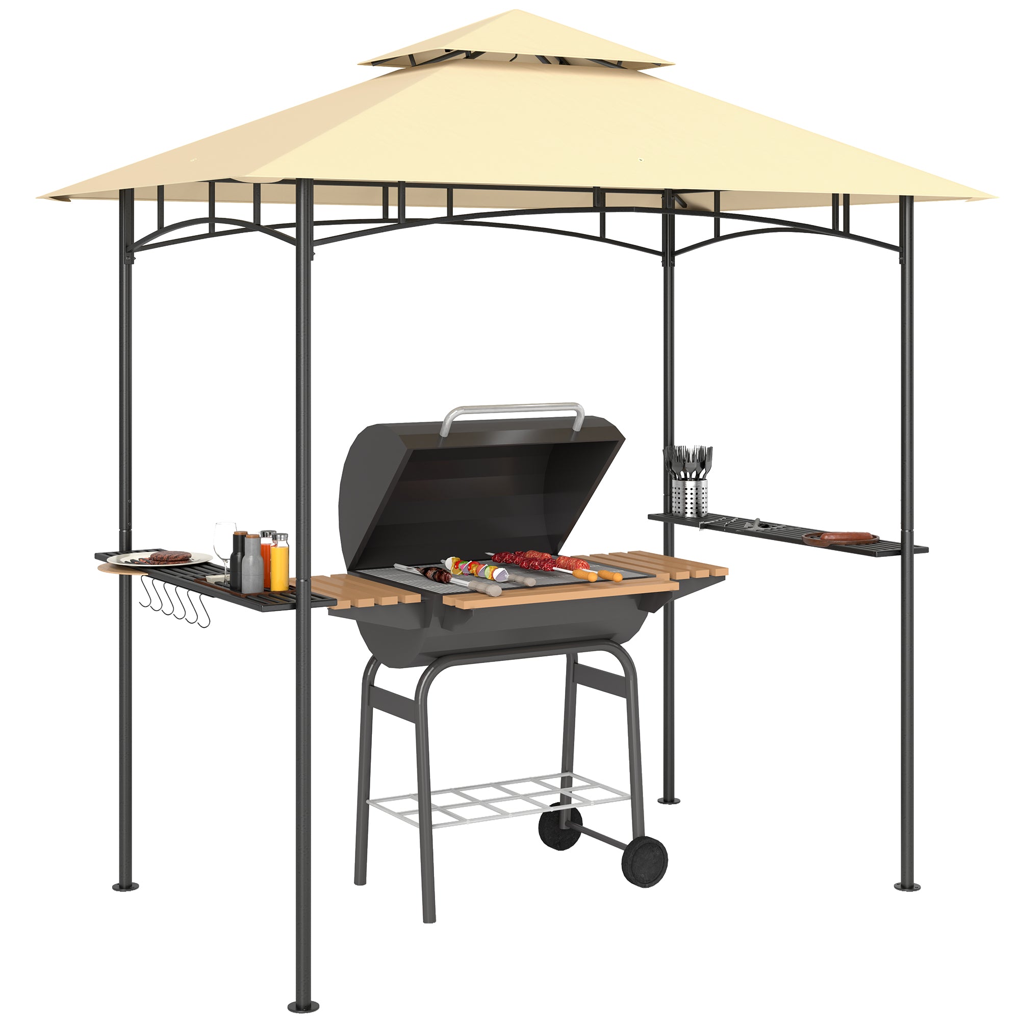 Grill Gazebo with LED 240 x 150 x 258 cm water-repellent flame-retardant garden arbor with double-layer roof, side shelves, pergola with UV protection, BBQ gazebo for party BBQ Beige