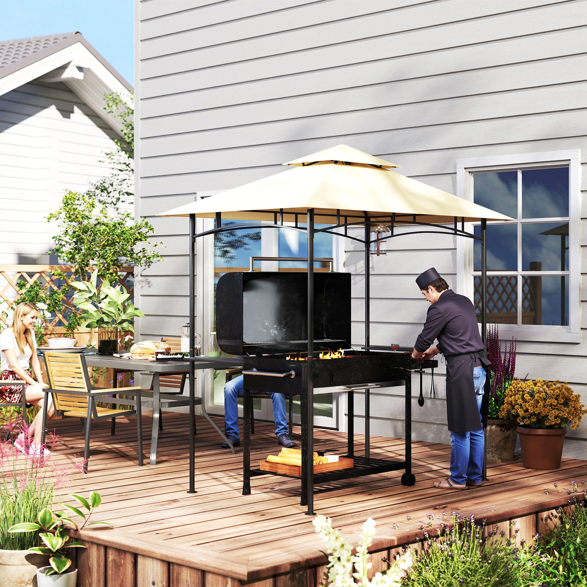 Grill Gazebo with LED 240 x 150 x 258 cm water-repellent flame-retardant garden arbor with double-layer roof, side shelves, pergola with UV protection, BBQ gazebo for party BBQ Beige