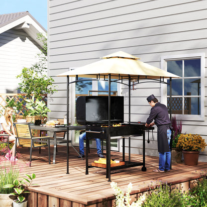 Grill Gazebo with LED 240 x 150 x 258 cm water-repellent flame-retardant garden arbor with double-layer roof, side shelves, pergola with UV protection, BBQ gazebo for party BBQ Beige