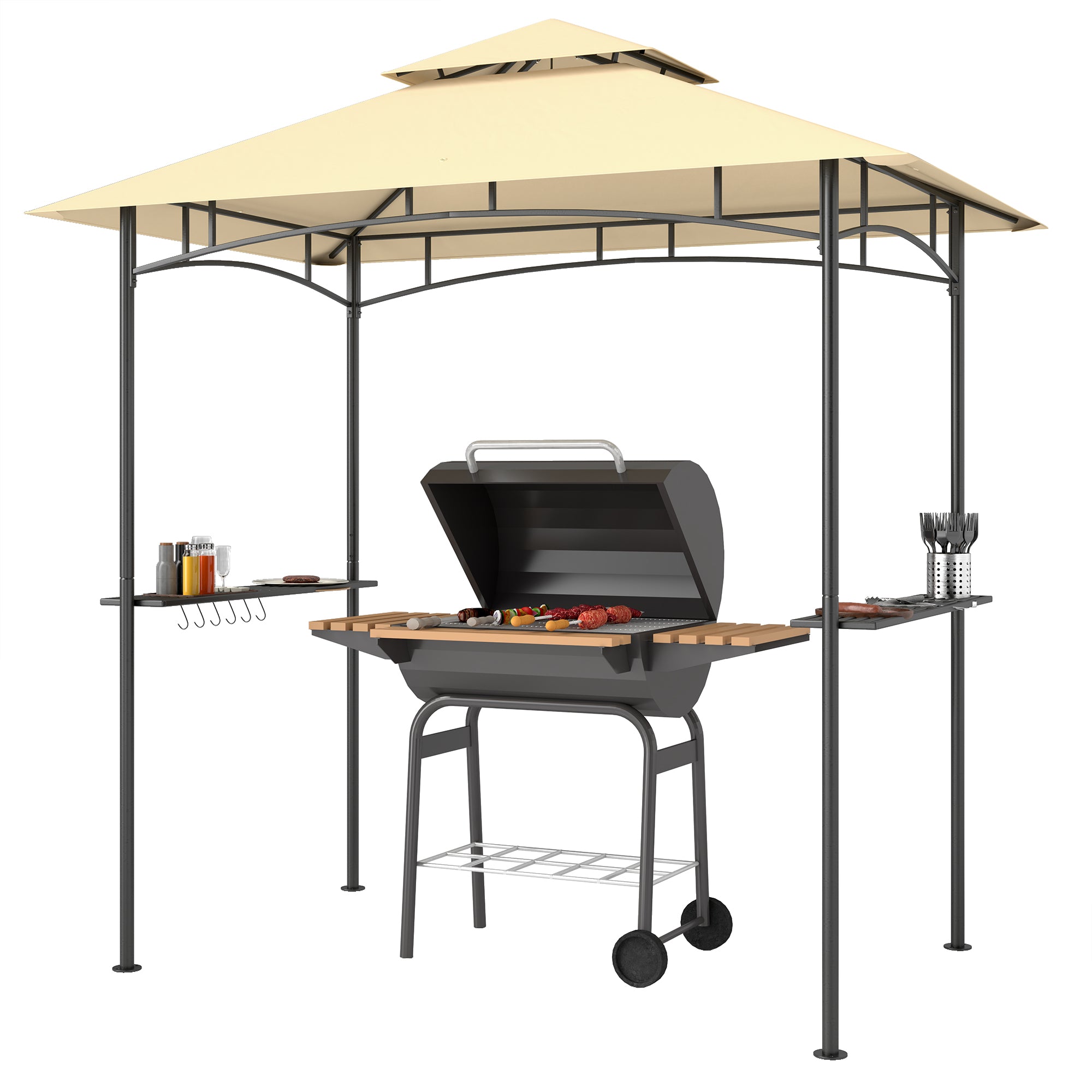 Grill Gazebo with LED 240 x 150 x 258 cm water-repellent flame-retardant garden arbor with double-layer roof, side shelves, pergola with UV protection, BBQ gazebo for party BBQ Beige