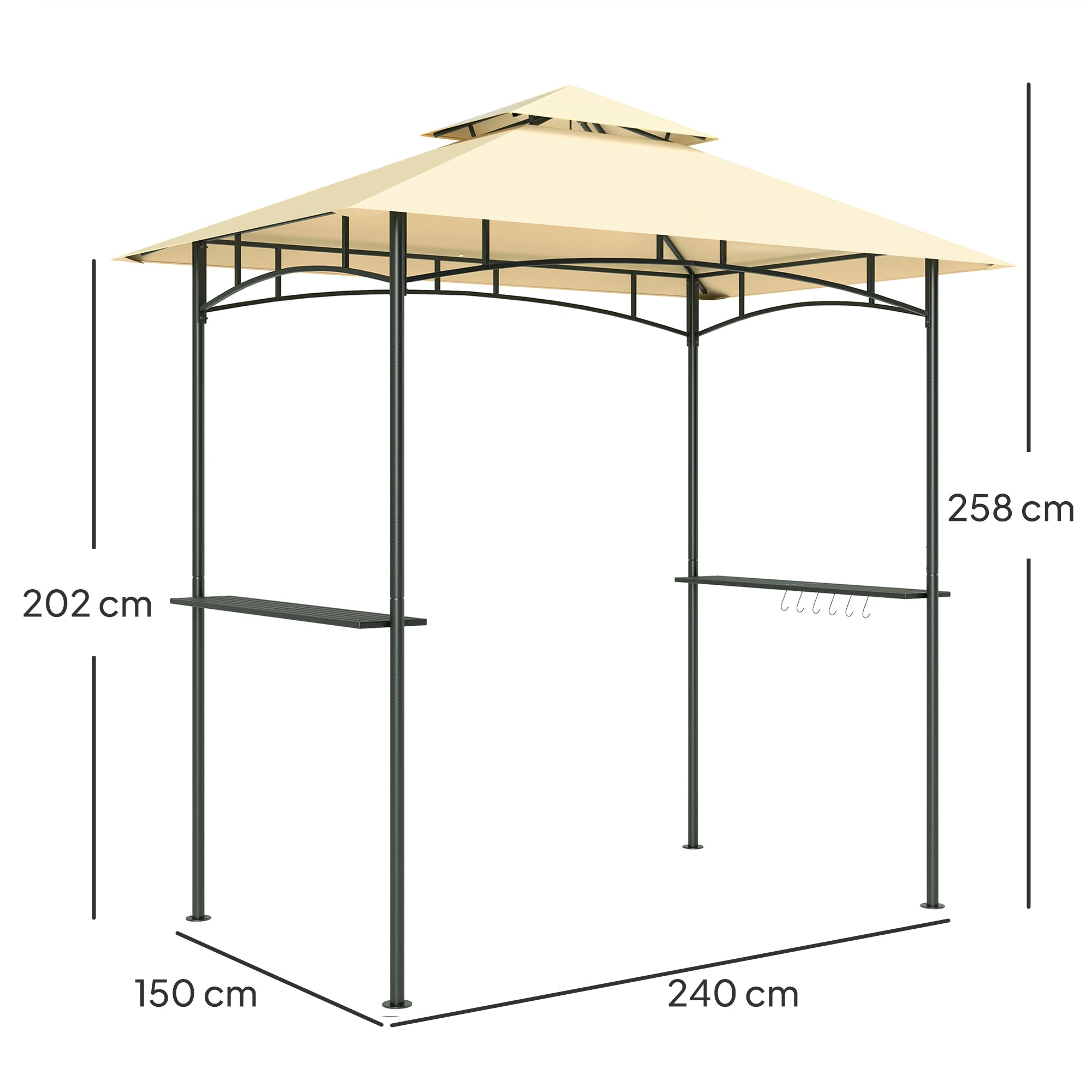 Grill Gazebo with LED 240 x 150 x 258 cm water-repellent flame-retardant garden arbor with double-layer roof, side shelves, pergola with UV protection, BBQ gazebo for party BBQ Beige