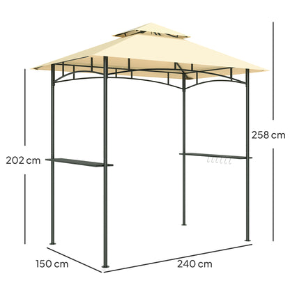Grill Gazebo with LED 240 x 150 x 258 cm water-repellent flame-retardant garden arbor with double-layer roof, side shelves, pergola with UV protection, BBQ gazebo for party BBQ Beige