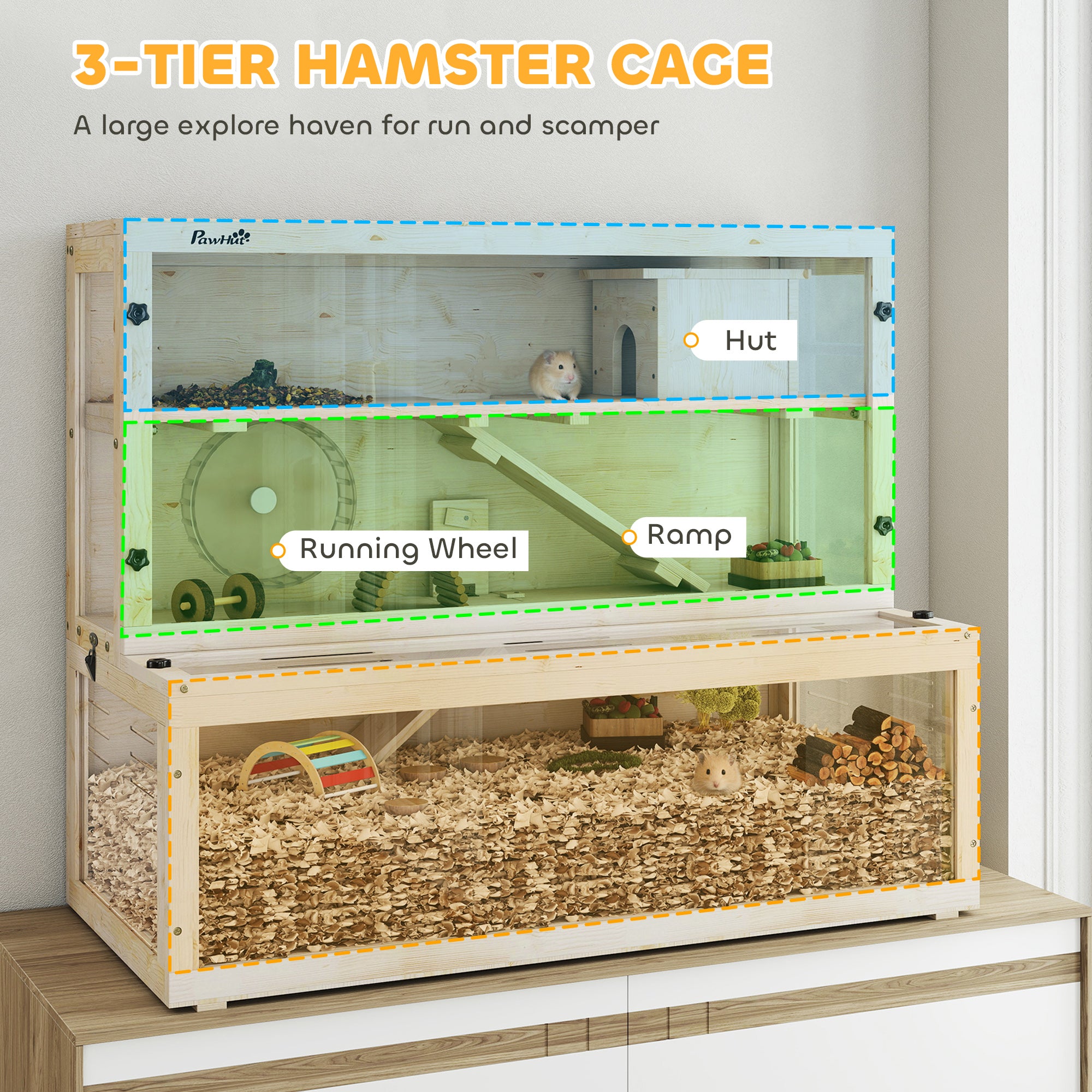 Wooden Hamster Cage, 100 x 50 x 84 cm (39.4 x 19.7 x 33.1 in) – 3-Tier Small Animal Hutch with Viewing Window, Running Wheel, Ramp & House – Natural Wood