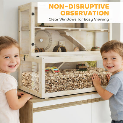 Wooden Hamster Cage, 100 x 50 x 84 cm (39.4 x 19.7 x 33.1 in) – 3-Tier Small Animal Hutch with Viewing Window, Running Wheel, Ramp & House – Natural Wood