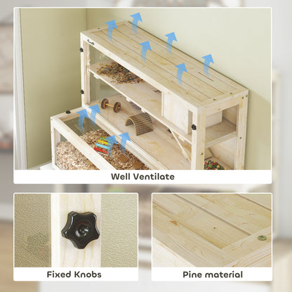 Wooden Hamster Cage, 100 x 50 x 84 cm (39.4 x 19.7 x 33.1 in) – 3-Tier Small Animal Hutch with Viewing Window, Running Wheel, Ramp & House – Natural Wood