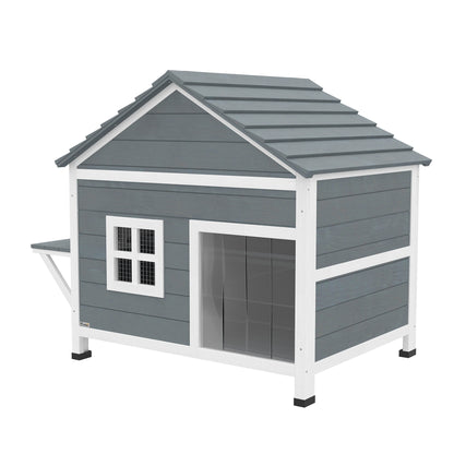 2-Story Wooden Outdoor Cat House with Waterproof Flip-Top Roof, Elevated Base & Side Platform, Window — Gray (Fits 1–2 Small Cats up to 11 lb)