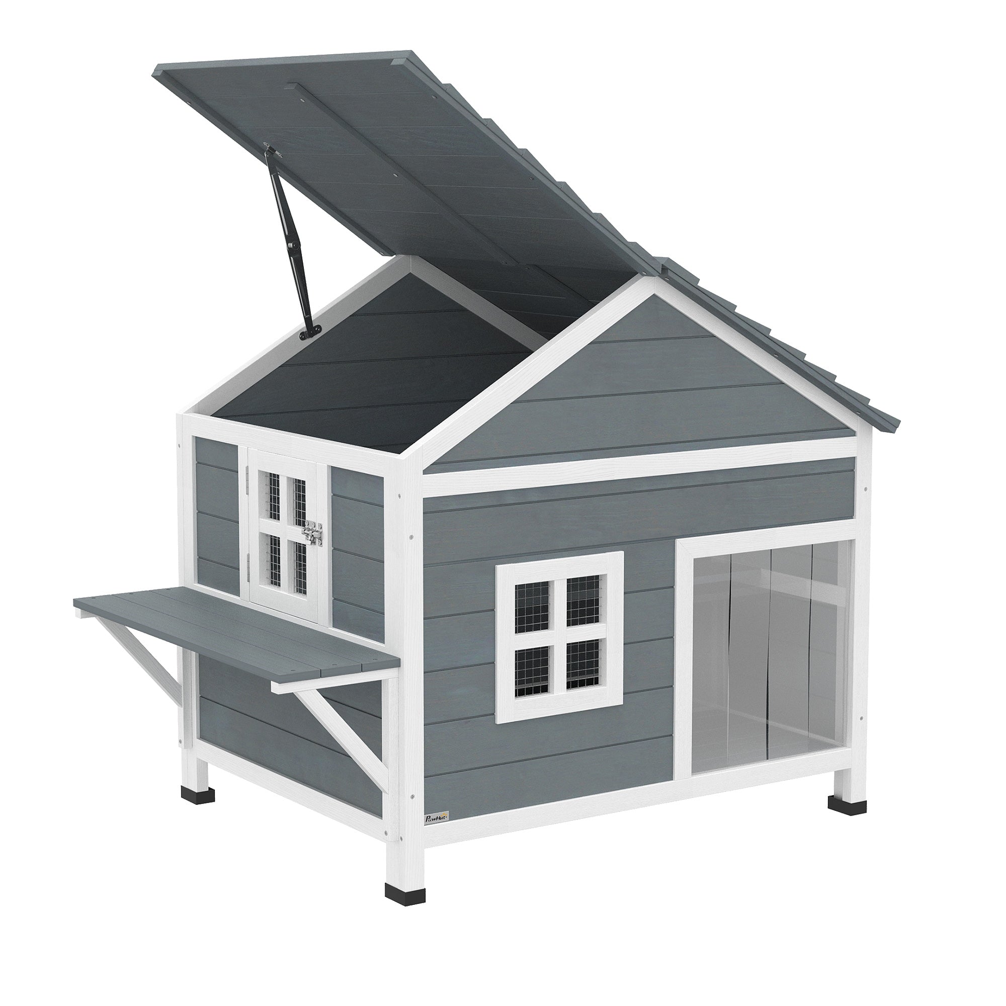 2-Story Wooden Outdoor Cat House with Waterproof Flip-Top Roof, Elevated Base & Side Platform, Window — Gray (Fits 1–2 Small Cats up to 11 lb)