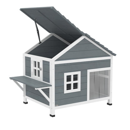 2-Story Wooden Outdoor Cat House with Waterproof Flip-Top Roof, Elevated Base & Side Platform, Window — Gray (Fits 1–2 Small Cats up to 11 lb)