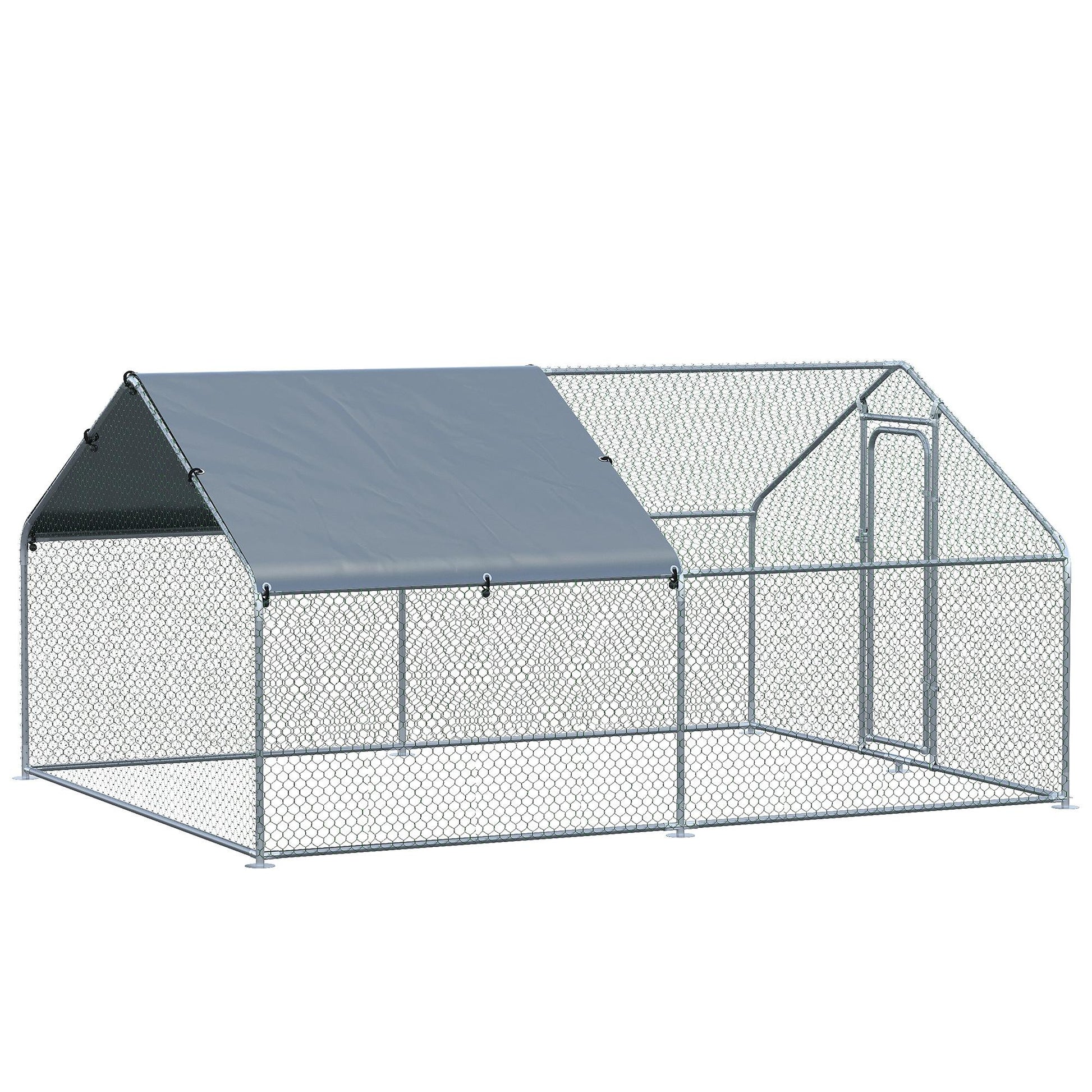 Large Galvanized Steel Outdoor Chicken Coop 3x4x1.95m Chicken Cage with UV and Water-Resistant Oxford Fabric Cover for Yard - Silver