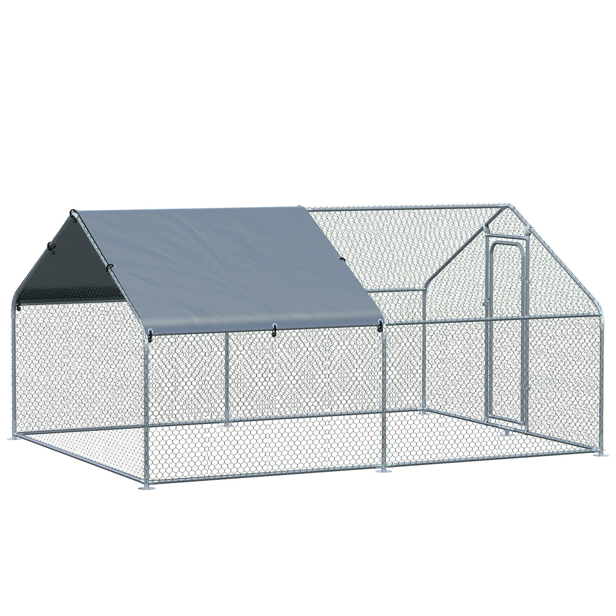 Large Galvanized Steel Outdoor Chicken Coop 3x4x1.95m Chicken Cage with UV and Water-Resistant Oxford Fabric Cover for Yard - Silver