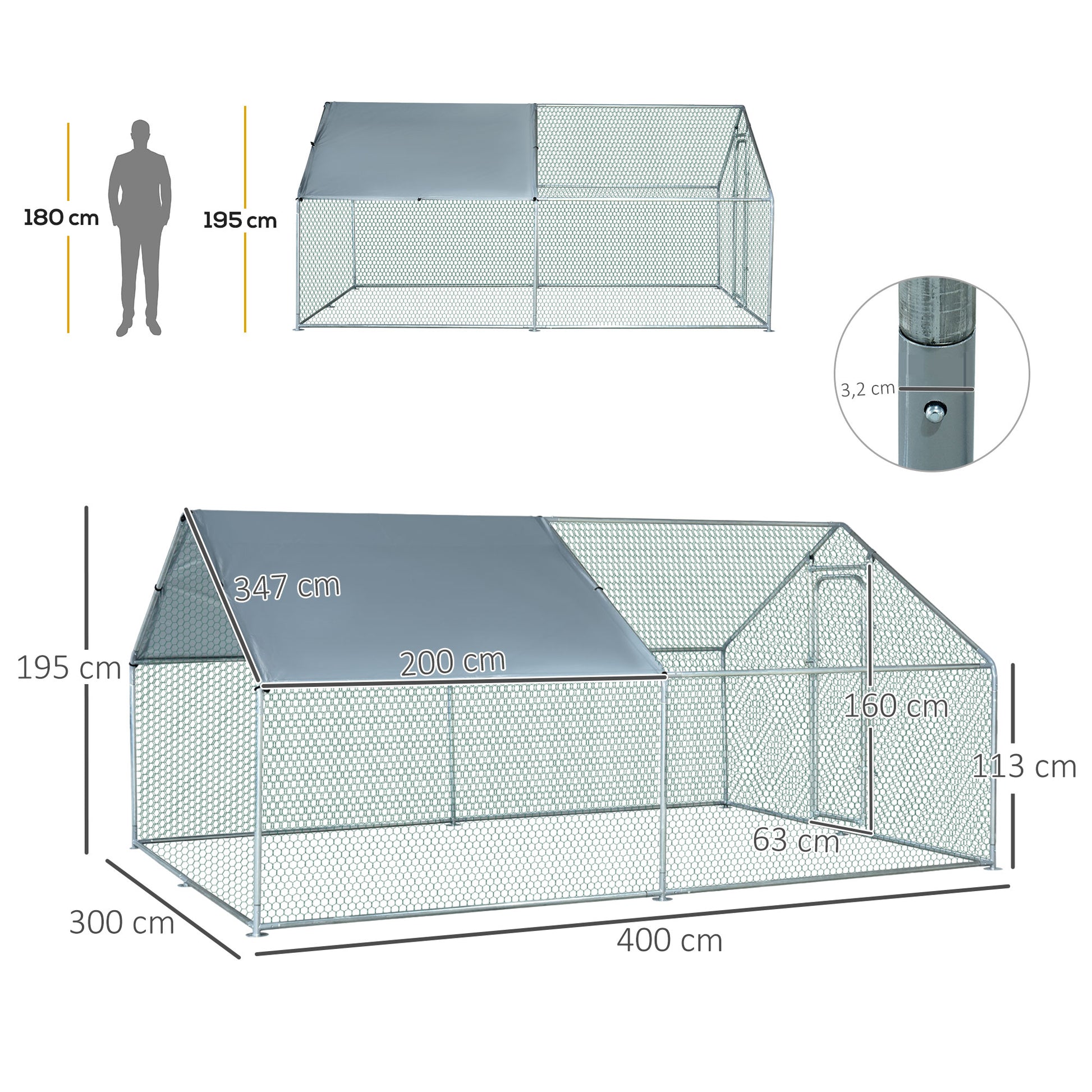 Large Galvanized Steel Outdoor Chicken Coop 3x4x1.95m Chicken Cage with UV and Water-Resistant Oxford Fabric Cover for Yard - Silver