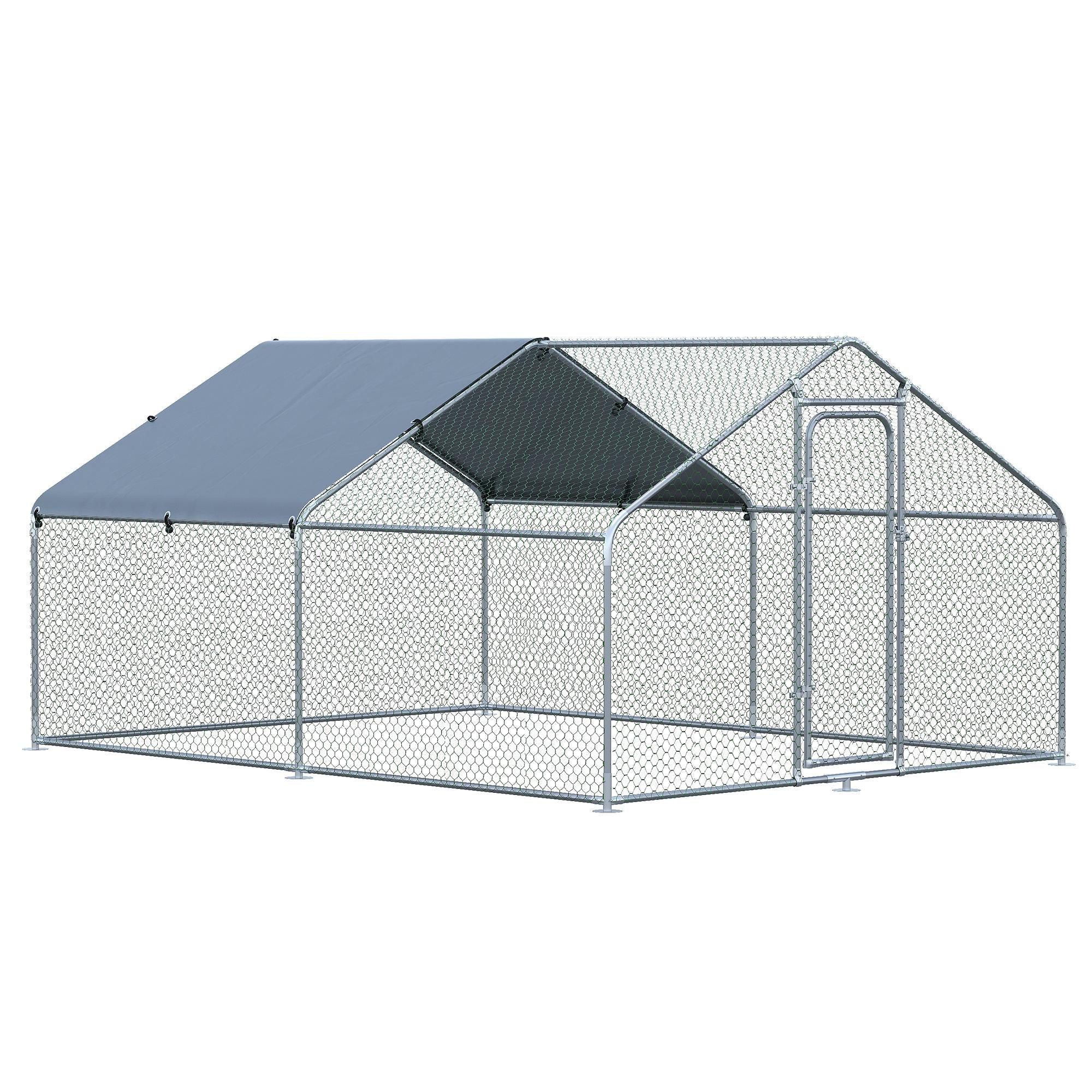 Large Galvanized Steel Outdoor Chicken Coop 3x4x1.95m Chicken Cage with UV and Water-Resistant Oxford Fabric Cover for Yard - Silver