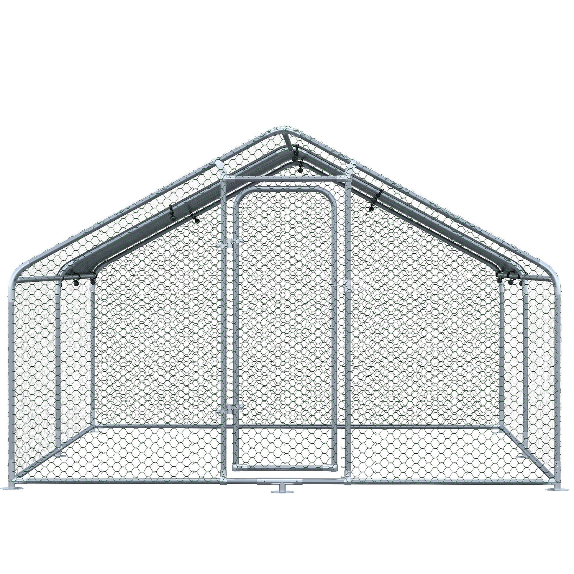 Large Galvanized Steel Outdoor Chicken Coop 3x4x1.95m Chicken Cage with UV and Water-Resistant Oxford Fabric Cover for Yard - Silver