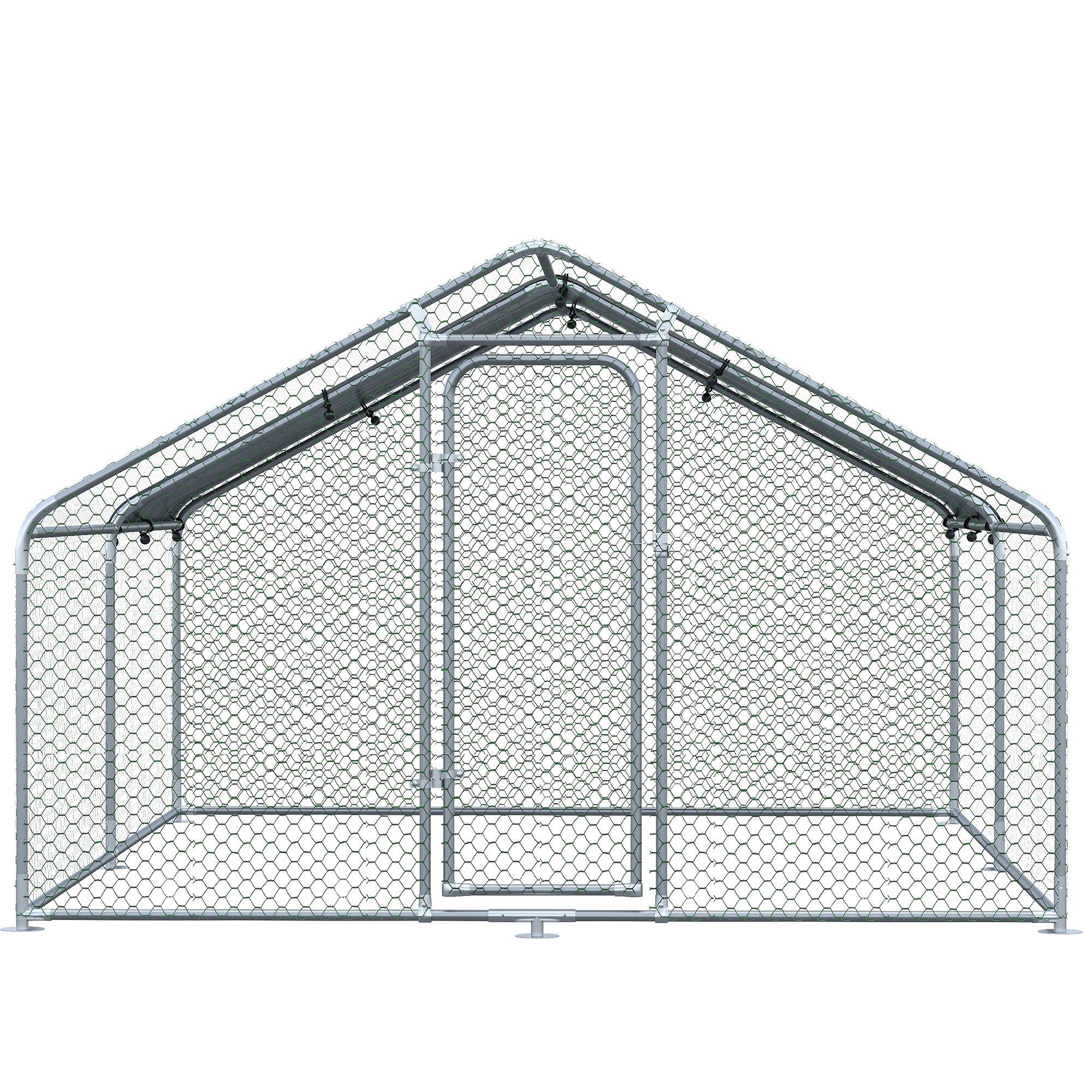 Large Galvanized Steel Outdoor Chicken Coop 3x4x1.95m Chicken Cage with UV and Water-Resistant Oxford Fabric Cover for Yard - Silver
