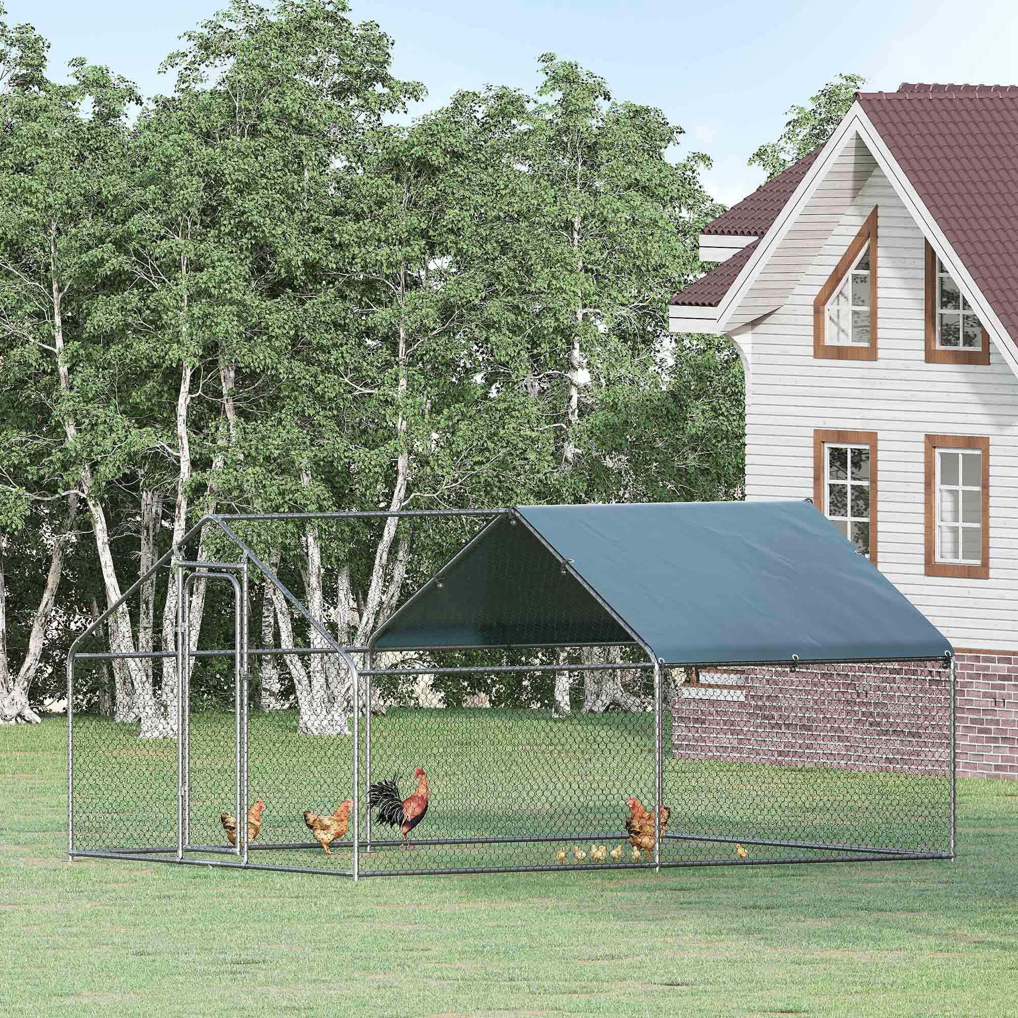 Large Galvanized Steel Outdoor Chicken Coop 3x4x1.95m Chicken Cage with UV and Water-Resistant Oxford Fabric Cover for Yard - Silver