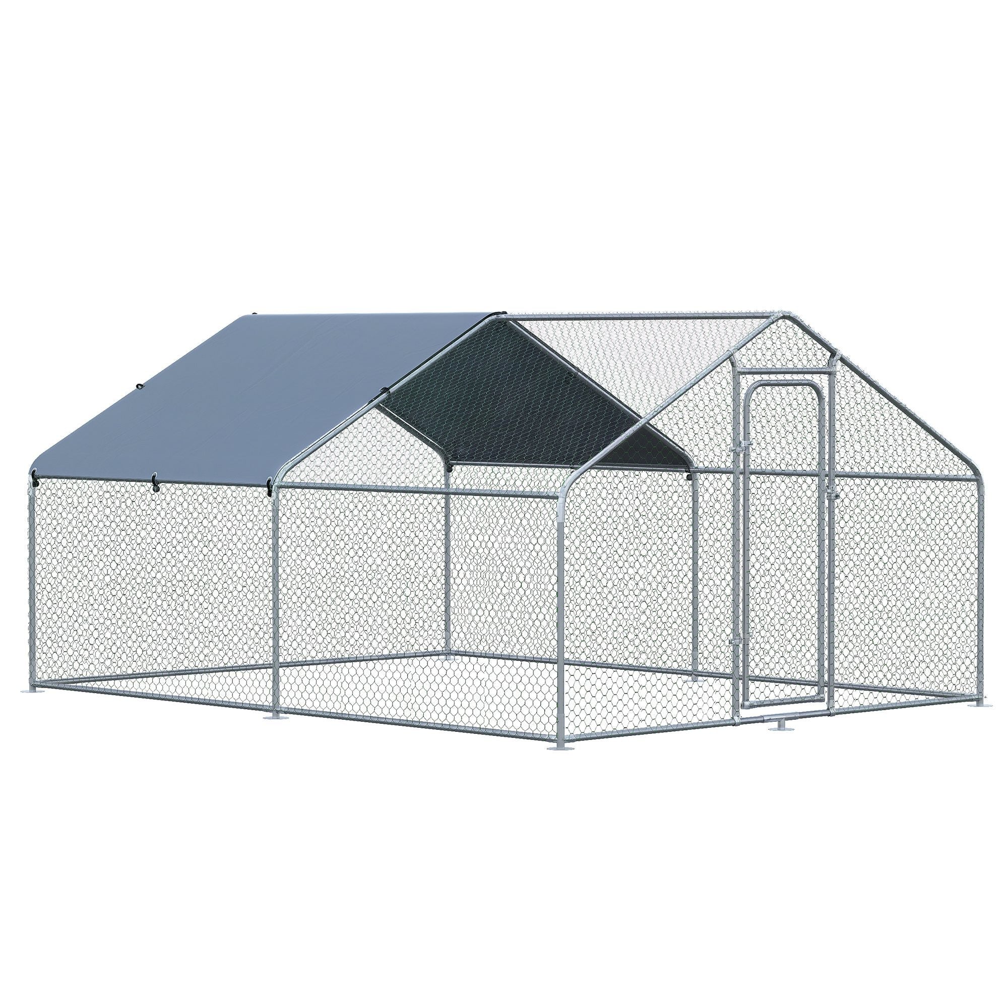 Large Galvanized Steel Outdoor Chicken Coop 3x4x1.95m Chicken Cage with UV and Water-Resistant Oxford Fabric Cover for Yard - Silver