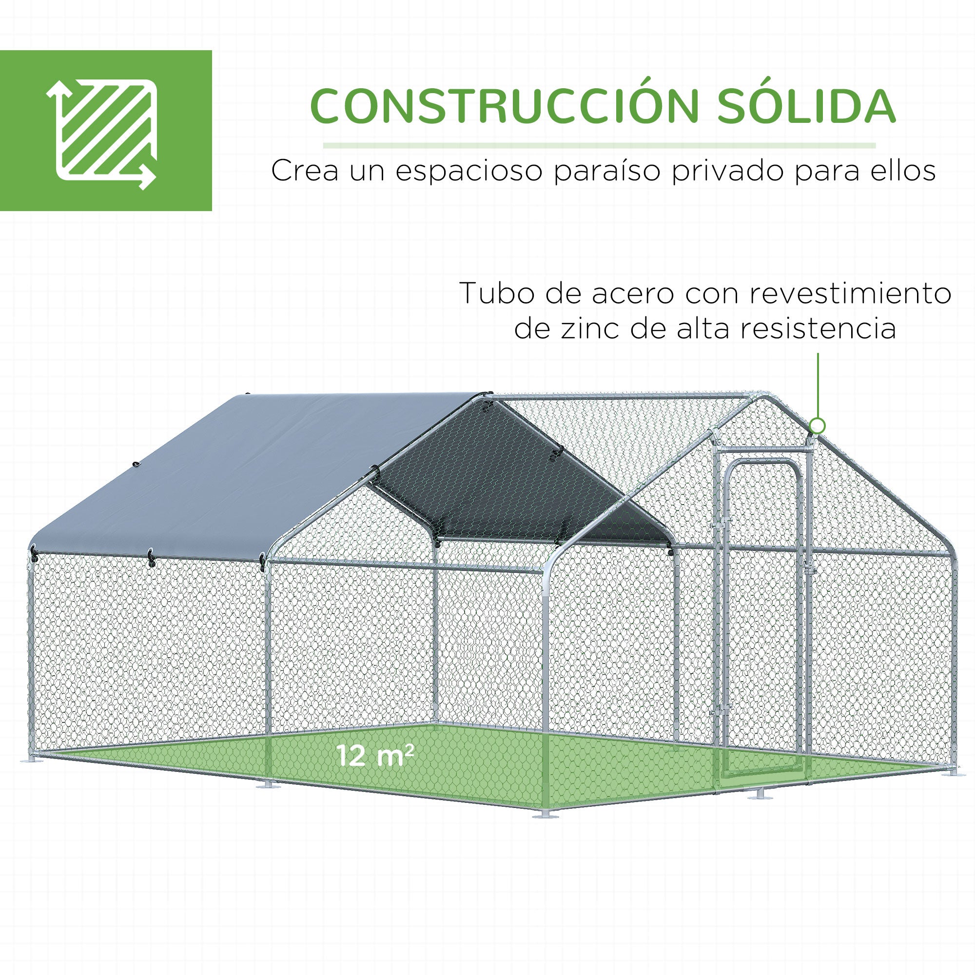 Large Galvanized Steel Outdoor Chicken Coop 3x4x1.95m Chicken Cage with UV and Water-Resistant Oxford Fabric Cover for Yard - Silver