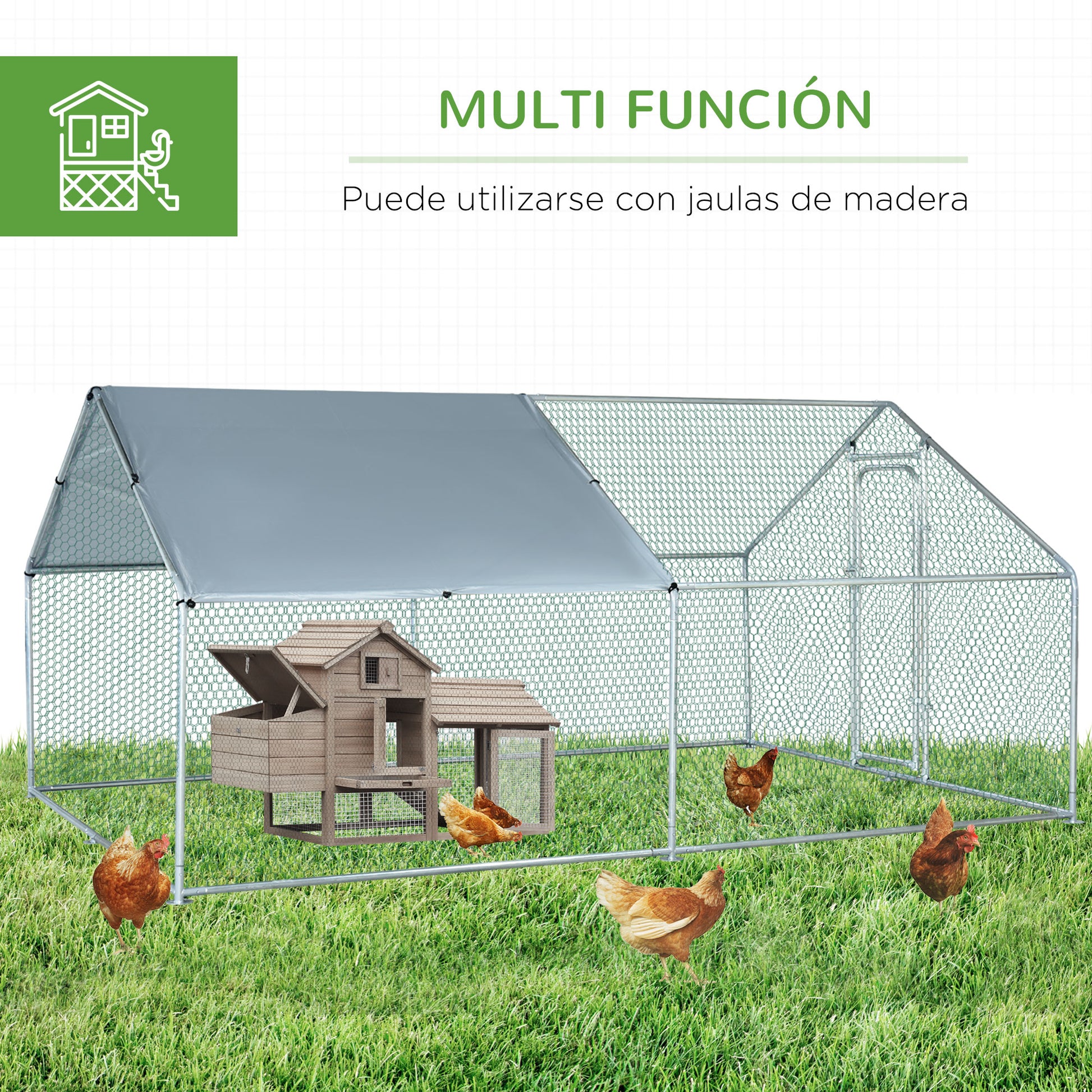 Large Galvanized Steel Outdoor Chicken Coop 3x4x1.95m Chicken Cage with UV and Water-Resistant Oxford Fabric Cover for Yard - Silver