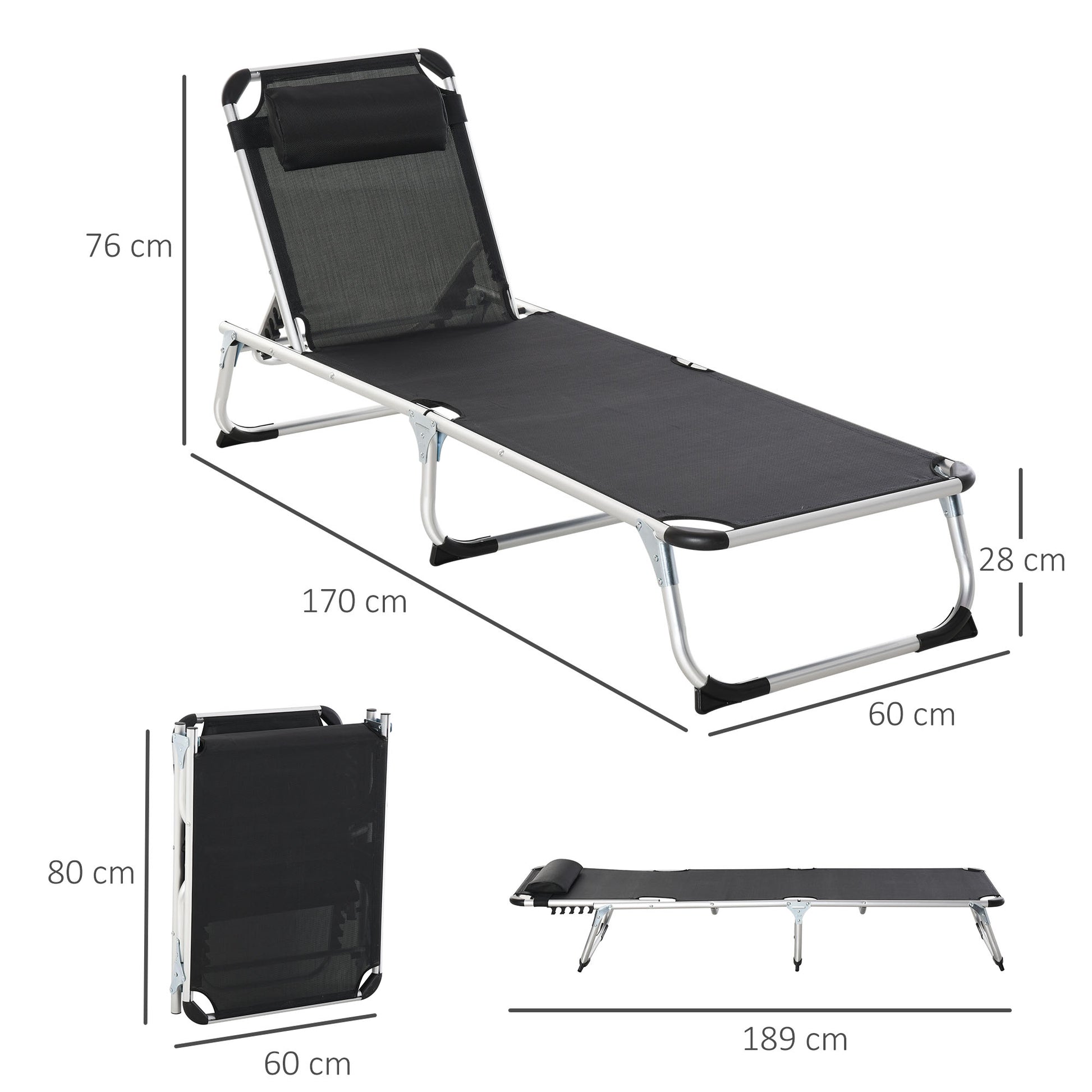 Folding Sun Lounger Garden Lounger with Head Pillow Recliner with 4-stage Adjustable Backrest Camping Lounger up to 120 kg Load Capacity for Outdoor Park, Garden, Black