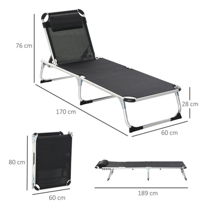 Folding Sun Lounger Garden Lounger with Head Pillow Recliner with 4-stage Adjustable Backrest Camping Lounger up to 120 kg Load Capacity for Outdoor Park, Garden, Black