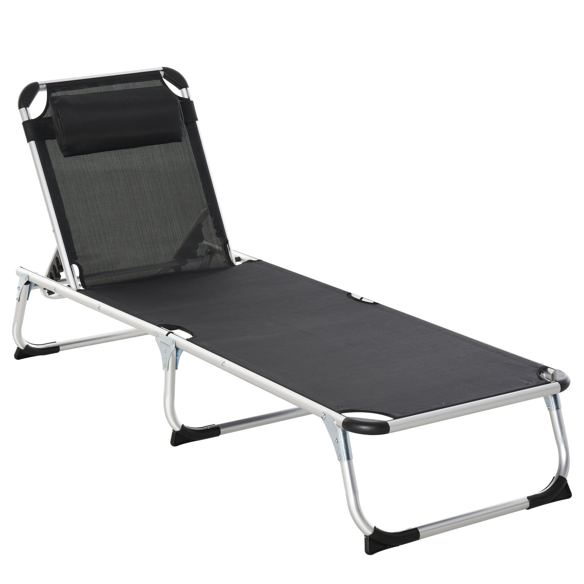 Folding Sun Lounger Garden Lounger with Head Pillow Recliner with 4-stage Adjustable Backrest Camping Lounger up to 120 kg Load Capacity for Outdoor Park, Garden, Black