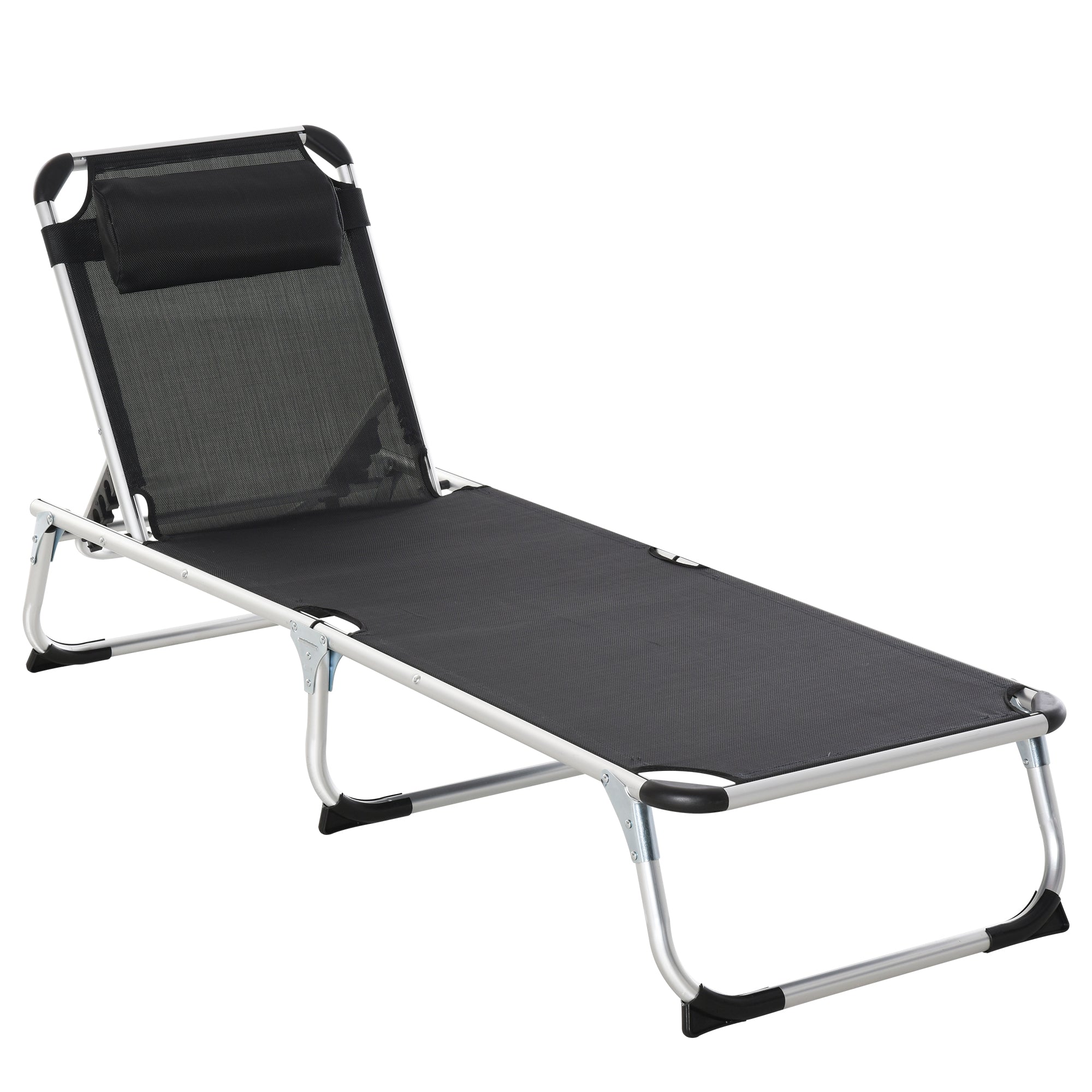 Folding Sun Lounger Garden Lounger with Head Pillow Recliner with 4-stage Adjustable Backrest Camping Lounger up to 120 kg Load Capacity for Outdoor Park, Garden, Black