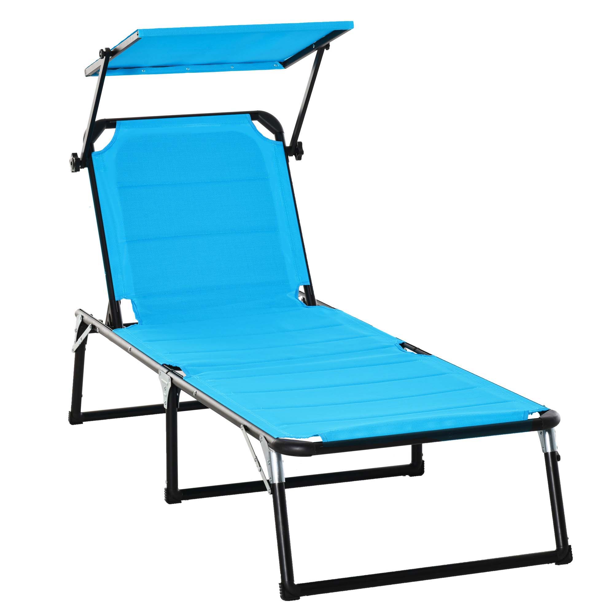 Folding Outdoor Sun Lounger with Canopy and Foam Cushioned Cover, Garden Sun Lounger with Adjustable Backrest 66x164x81cm Blue