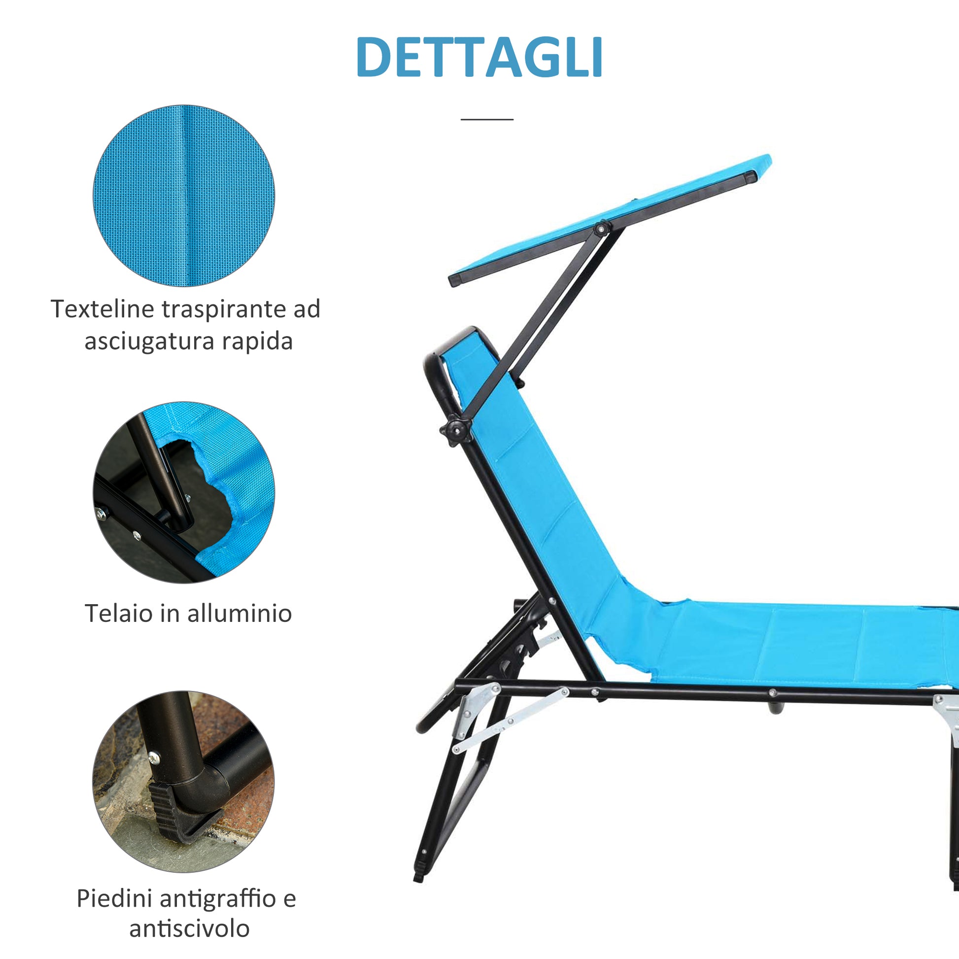 Folding Outdoor Sun Lounger with Canopy and Foam Cushioned Cover, Garden Sun Lounger with Adjustable Backrest 66x164x81cm Blue