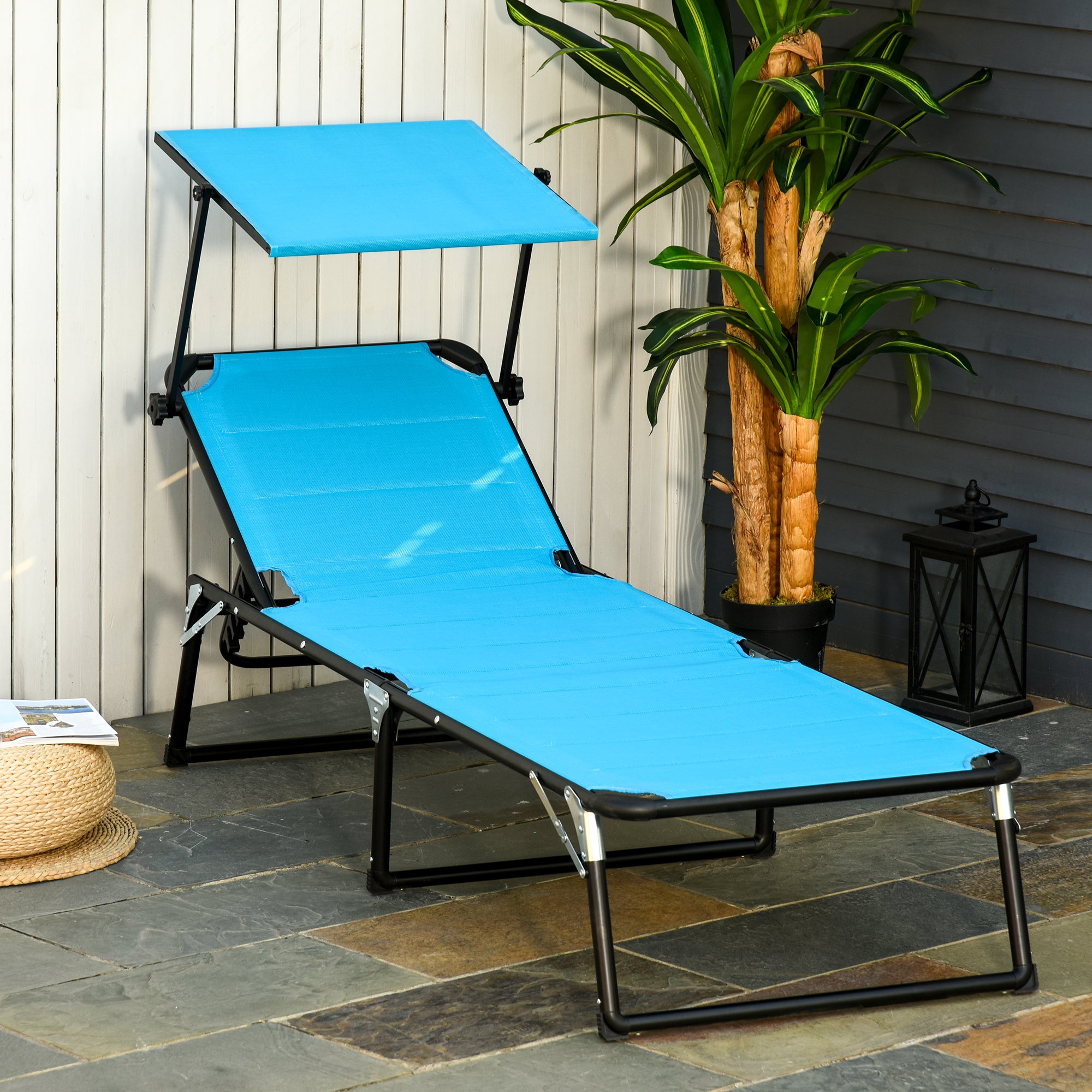 Folding Outdoor Sun Lounger with Canopy and Foam Cushioned Cover, Garden Sun Lounger with Adjustable Backrest 66x164x81cm Blue