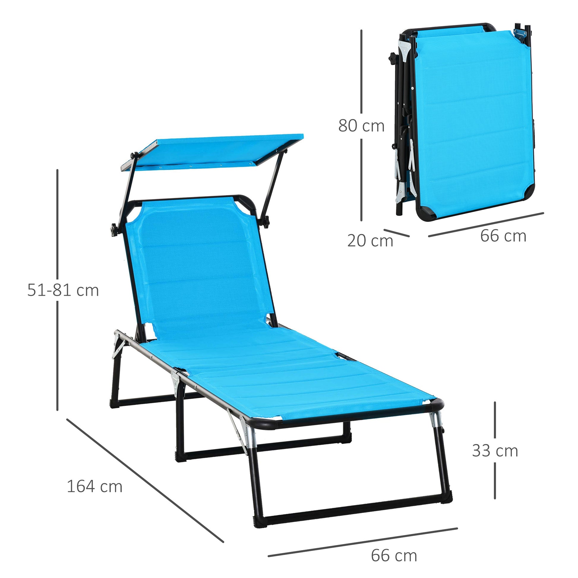 Folding Outdoor Sun Lounger with Canopy and Foam Cushioned Cover, Garden Sun Lounger with Adjustable Backrest 66x164x81cm Blue