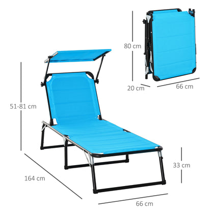 Folding Outdoor Sun Lounger with Canopy and Foam Cushioned Cover, Garden Sun Lounger with Adjustable Backrest 66x164x81cm Blue
