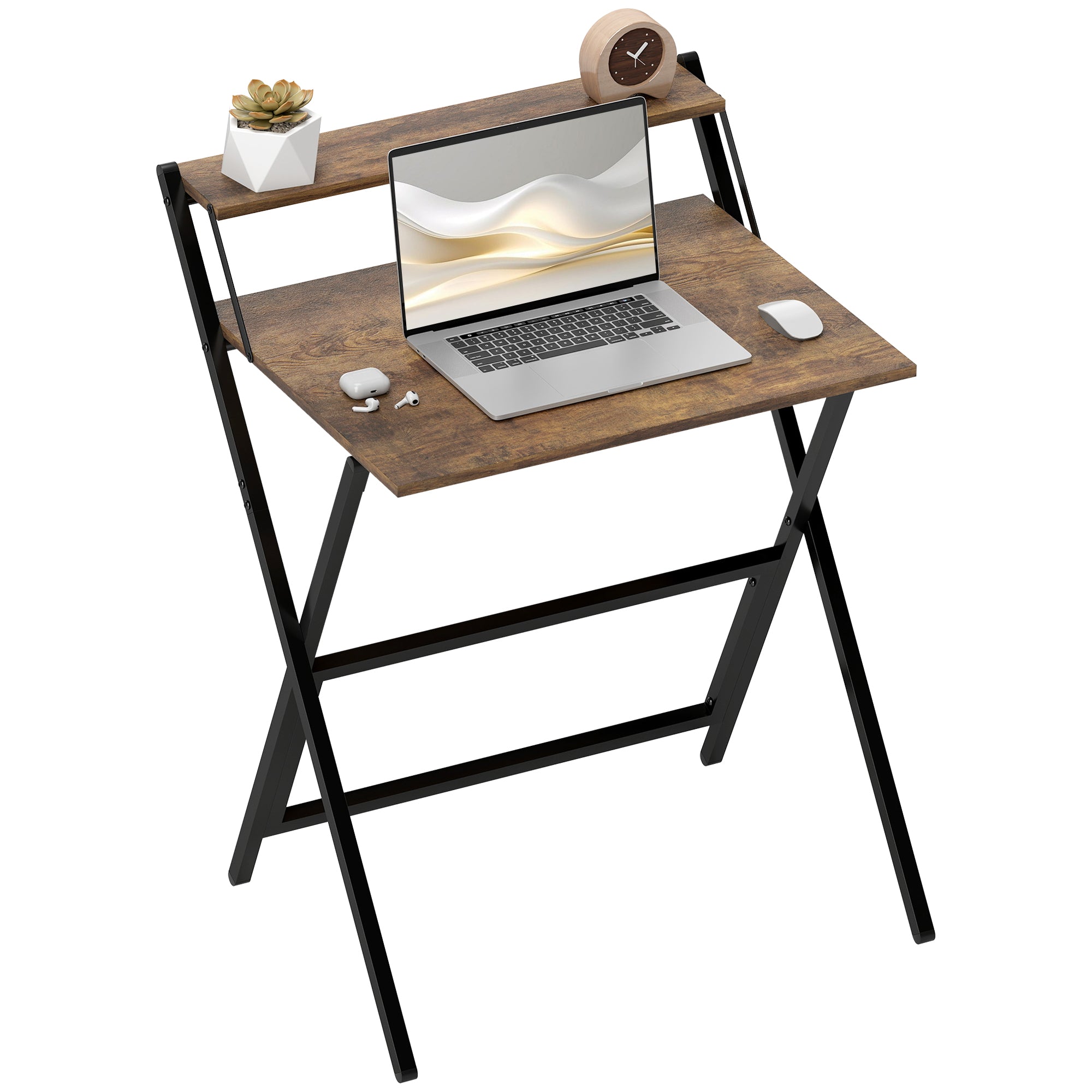 Foldable Computer Desk 25.8 x 17.7 in with Storage Shelf — Rustic Brown