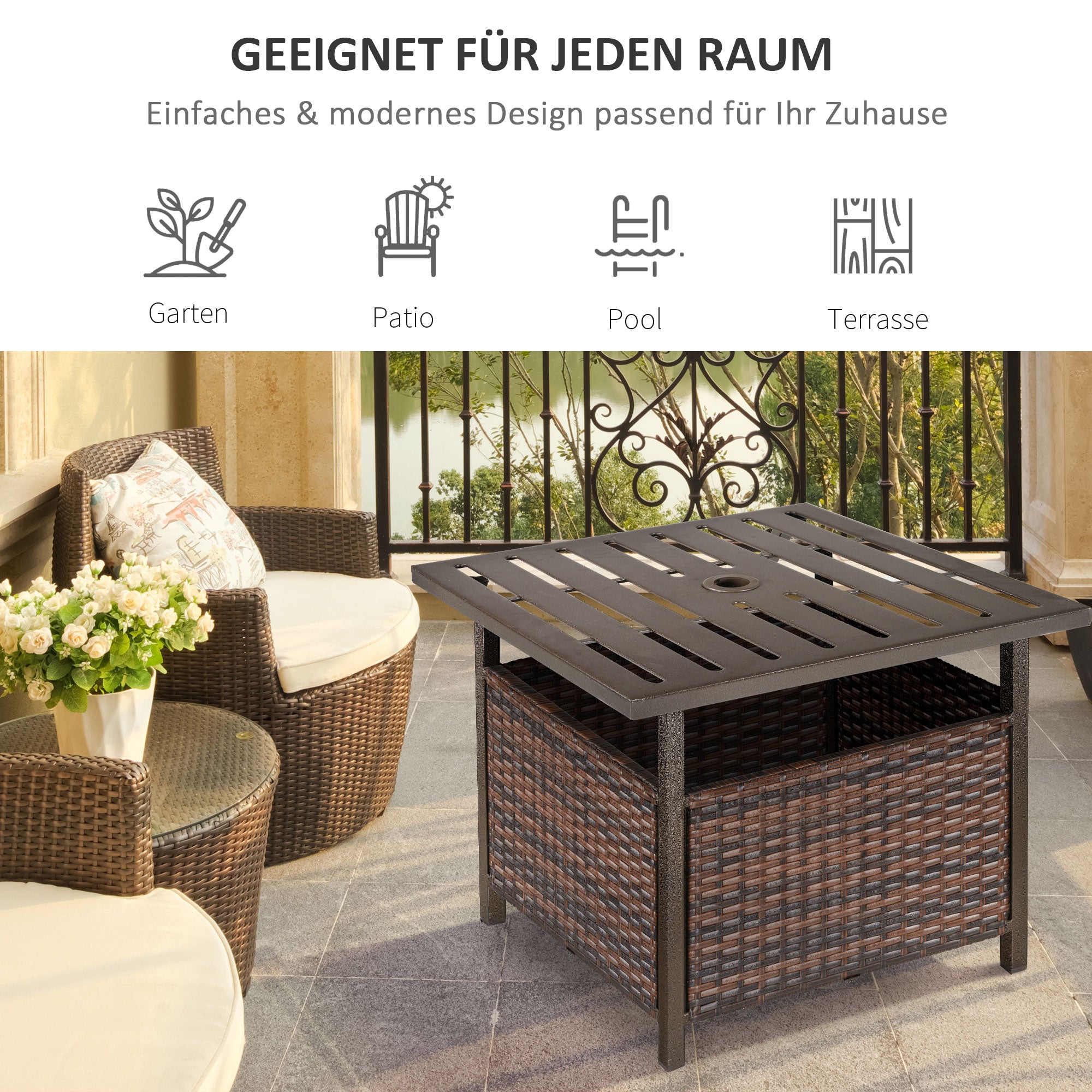 Rattan Table Garden Table Patio Table Coffee Table with Umbrella Hole Perfect for Garden Balcony Terrace 55.5 x 55.5 x 46 cm Brown